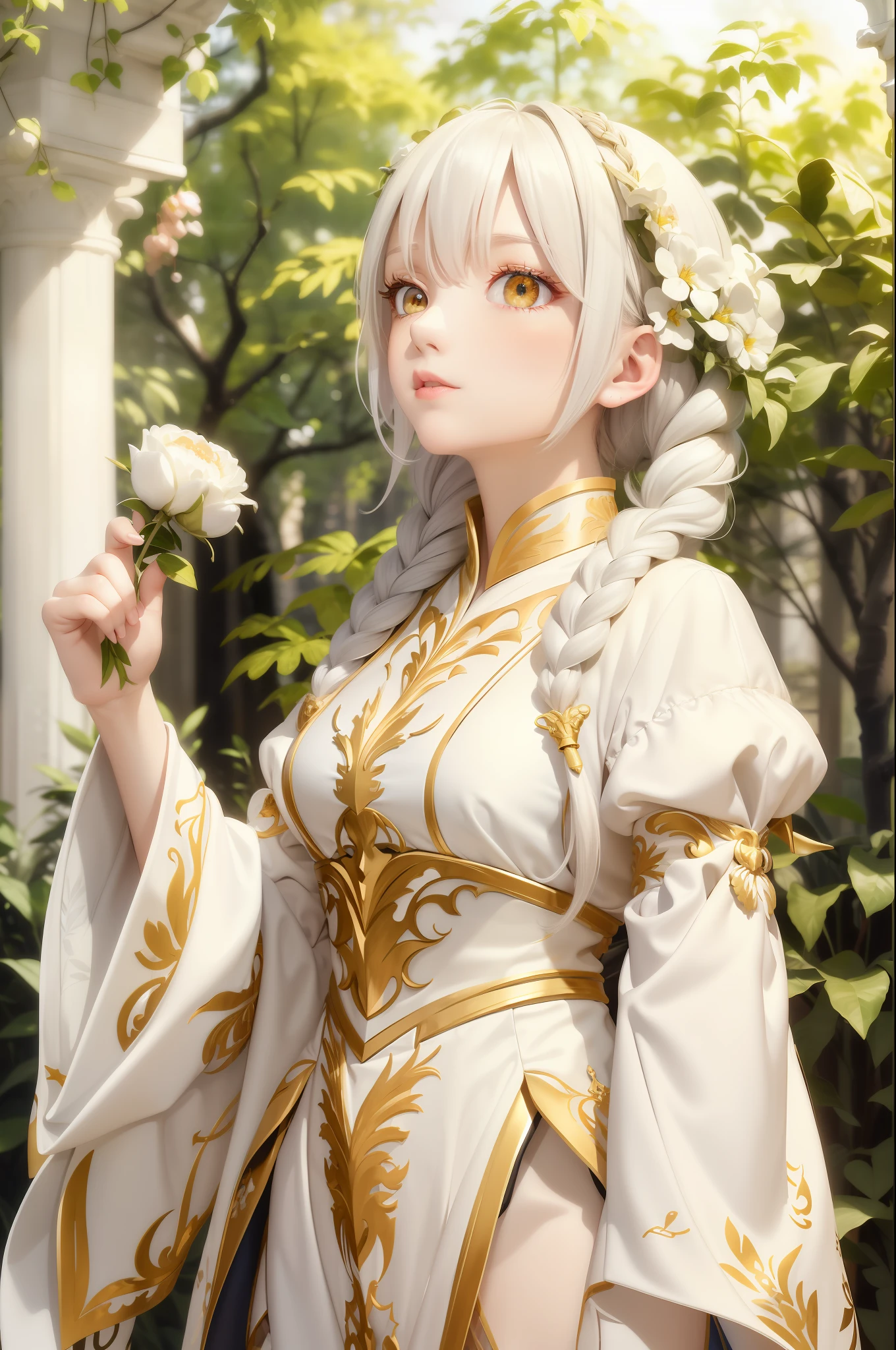 Excellent, masterpiece, white hair, golden eyes, white clothes, looking up, upper body, hair, fair skin, side braids, f 1.8