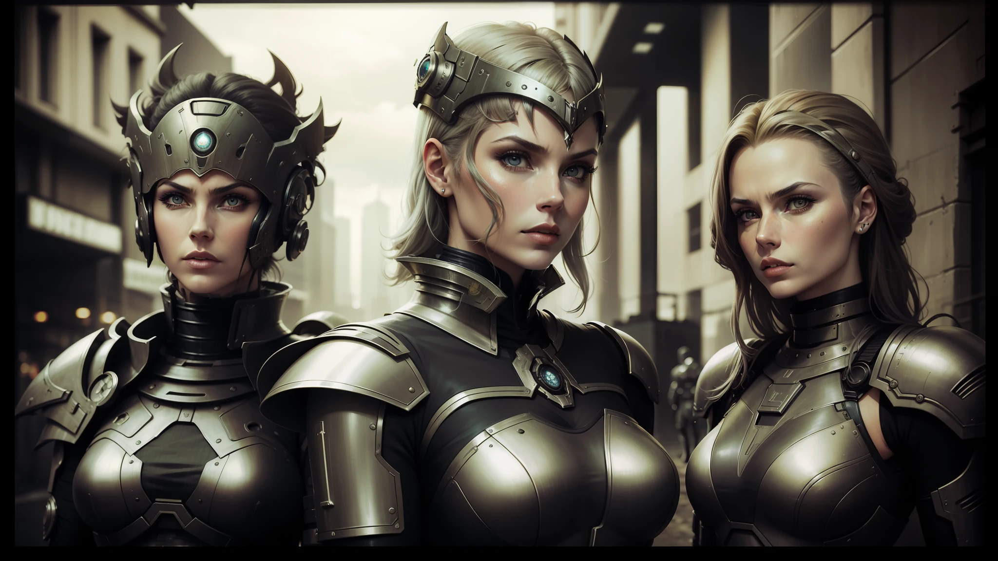 three women in futuristic costumes stand in a row in a city, post - apocalyptic warriors, elize theron, tin type, exterminatus on earth, beautiful gemini twins portrait, darren aronofsky, necromunda, inspired by Ed Binkley, sirens, daguerrotype, new york city in the year 2100, vril --auto --s2