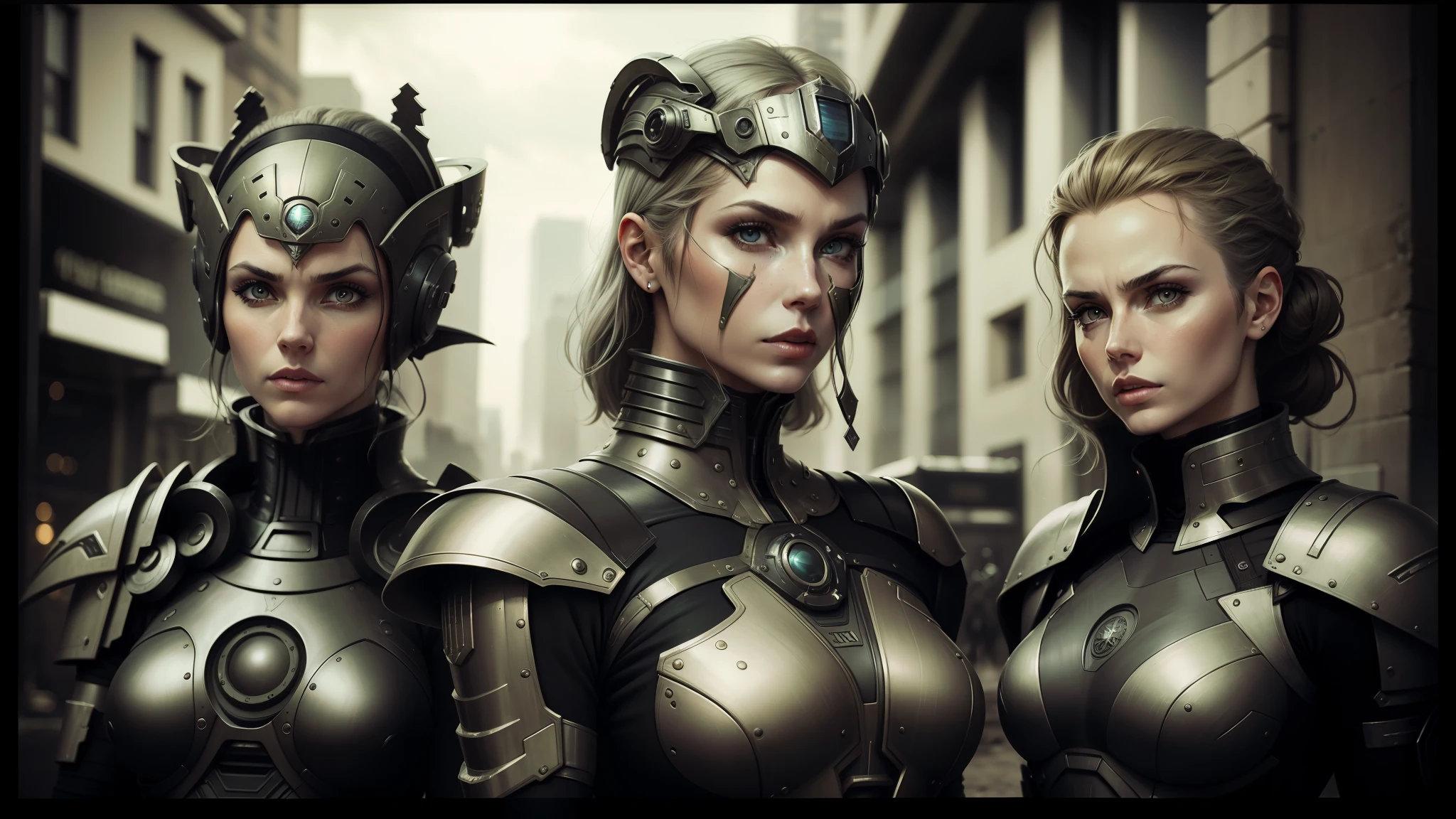 three women in futuristic costumes stand in a row in a city, post - apocalyptic warriors, elize theron, tin type, exterminatus on earth, beautiful gemini twins portrait, darren aronofsky, necromunda, inspired by Ed Binkley, sirens, daguerrotype, new york city in the year 2100, vril --auto --s2