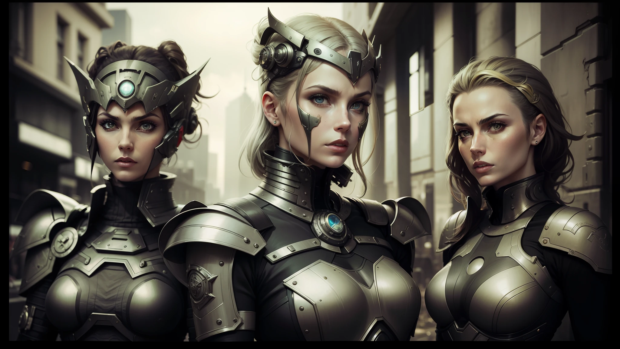 three women in futuristic costumes stand in a row in a city, post - apocalyptic warriors, elize theron, tin type, exterminatus on earth, beautiful gemini twins portrait, darren aronofsky, necromunda, inspired by Ed Binkley, sirens, daguerrotype, new york city in the year 2100, vril --auto --s2