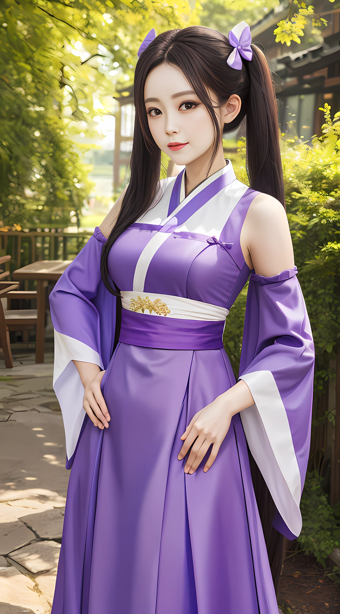 masterpiece, best quality, highres, wz1, twintails, large breasts, forehead, hanfu, wide sleeves, sash, bare shoulders, long sleeves, bow, purple dress, shawl, standing, cowboy shot, outdoors, hand on hip,