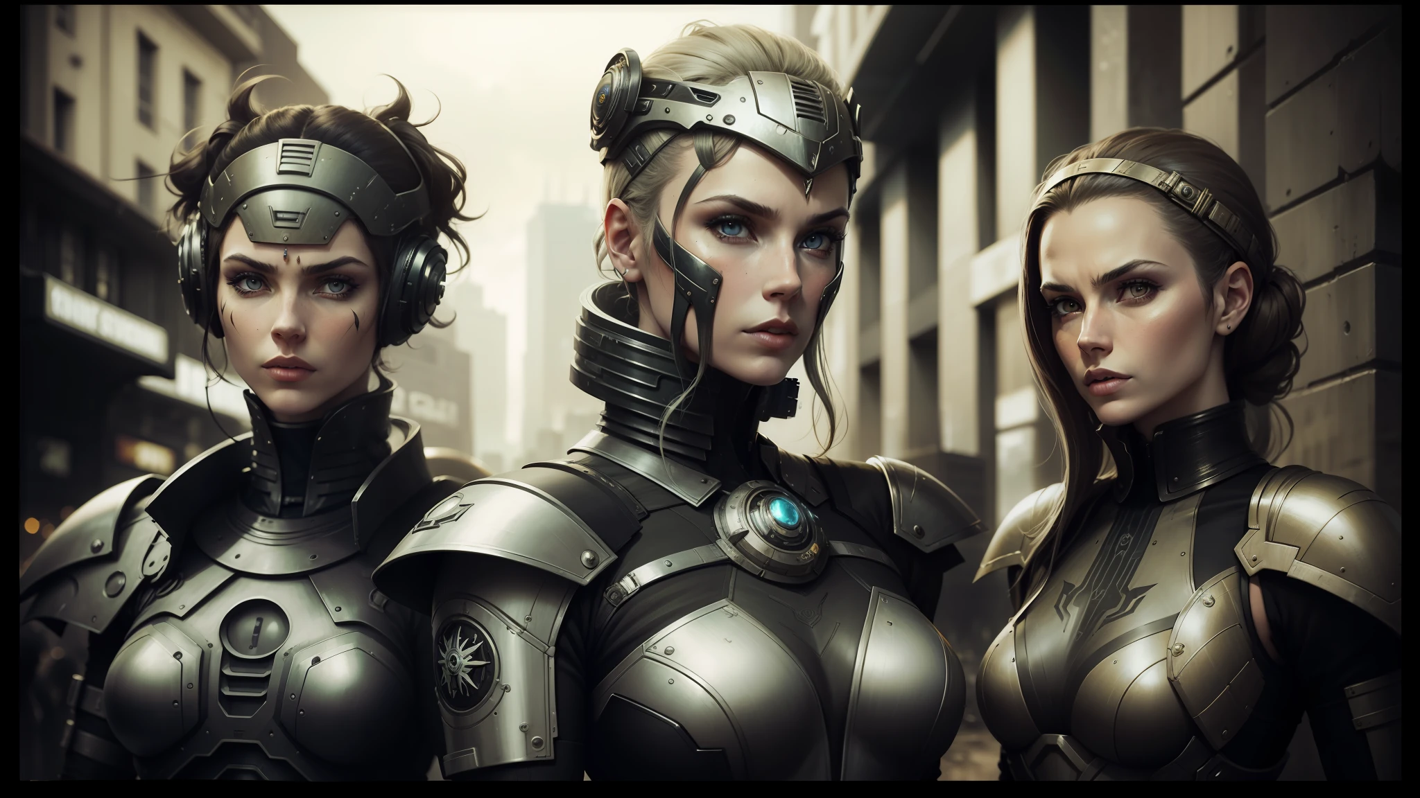 three women in futuristic costumes stand in a row in a city, post - apocalyptic warriors, elize theron, tin type, exterminatus on earth, beautiful gemini twins portrait, darren aronofsky, necromunda, inspired by Ed Binkley, sirens, daguerrotype, new york city in the year 2100, vril --auto --s2