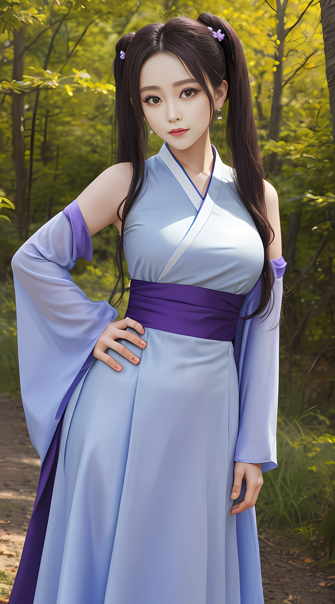 masterpiece, best quality, highres, wz1, twintails, large breasts, forehead, hanfu, wide sleeves, sash, bare shoulders, long sleeves, bow, purple dress, shawl, standing, cowboy shot, outdoors, hand on hip,