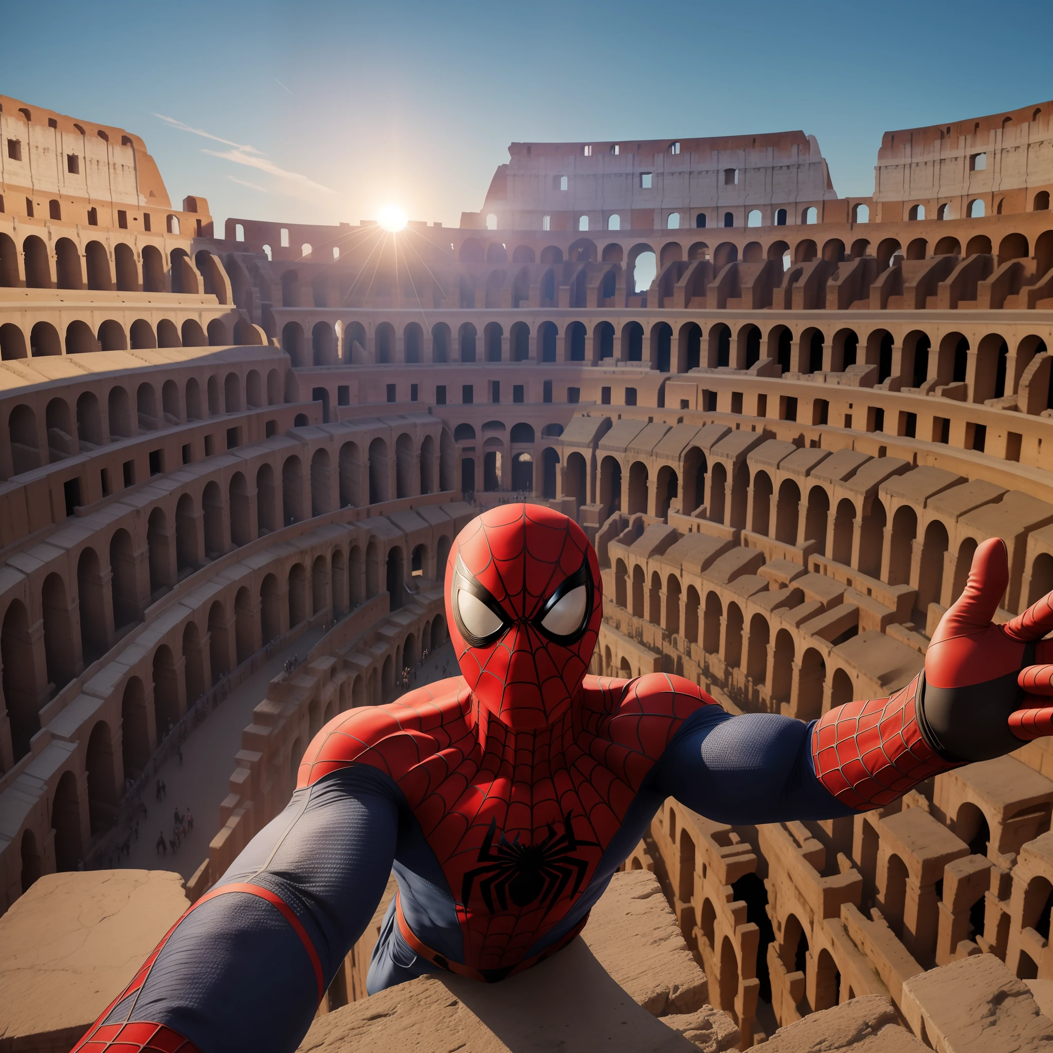 Spiderman dangles from a ledge of the Colosseum, capturing a daring selfie with the iconic structure as the backdrop. The sun sets, casting a warm glow on Spiderman's face and the ancient stone. His muscles tense with strength as he strikes a dynamic pose. The Colosseum stands tall, embodying the resilience of history. The photo is taken by David Yarrow with a Sony A9 and a wide-angle lens, capturing the full grandeur of the Colosseum. The lighting is a mix of studio lighting and colored gels, creating a dramatic and captivating atmosphere. 8K, Ultra-HD, Super-Resolution. --v 5 --q 2