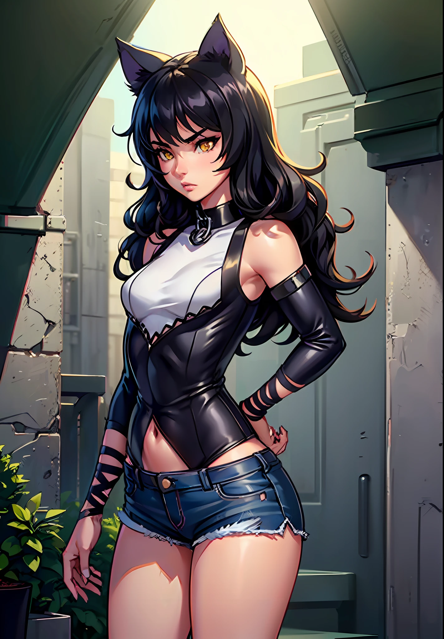 ((medium breasts, tomboy girls, small head)), cat ears, daylight, sunlight, blake belladonna, (chiseled abs: 0.5), (perfect body: 1.1), (short wavy hair: 1.2), black hair, collar, chain, full body shot, wide hips, ass, crowded street, in black tank top, denim jacket, ((shorts)), (extremely detailed CG 8k wallpaper), (extremely delicate and beautiful), (masterpiece), (best quality: 1.0), (ultra-high resolution:  1.0), beautiful lighting, perfect lighting, realistic shadows, [high resolution], detailed skin, super detailed