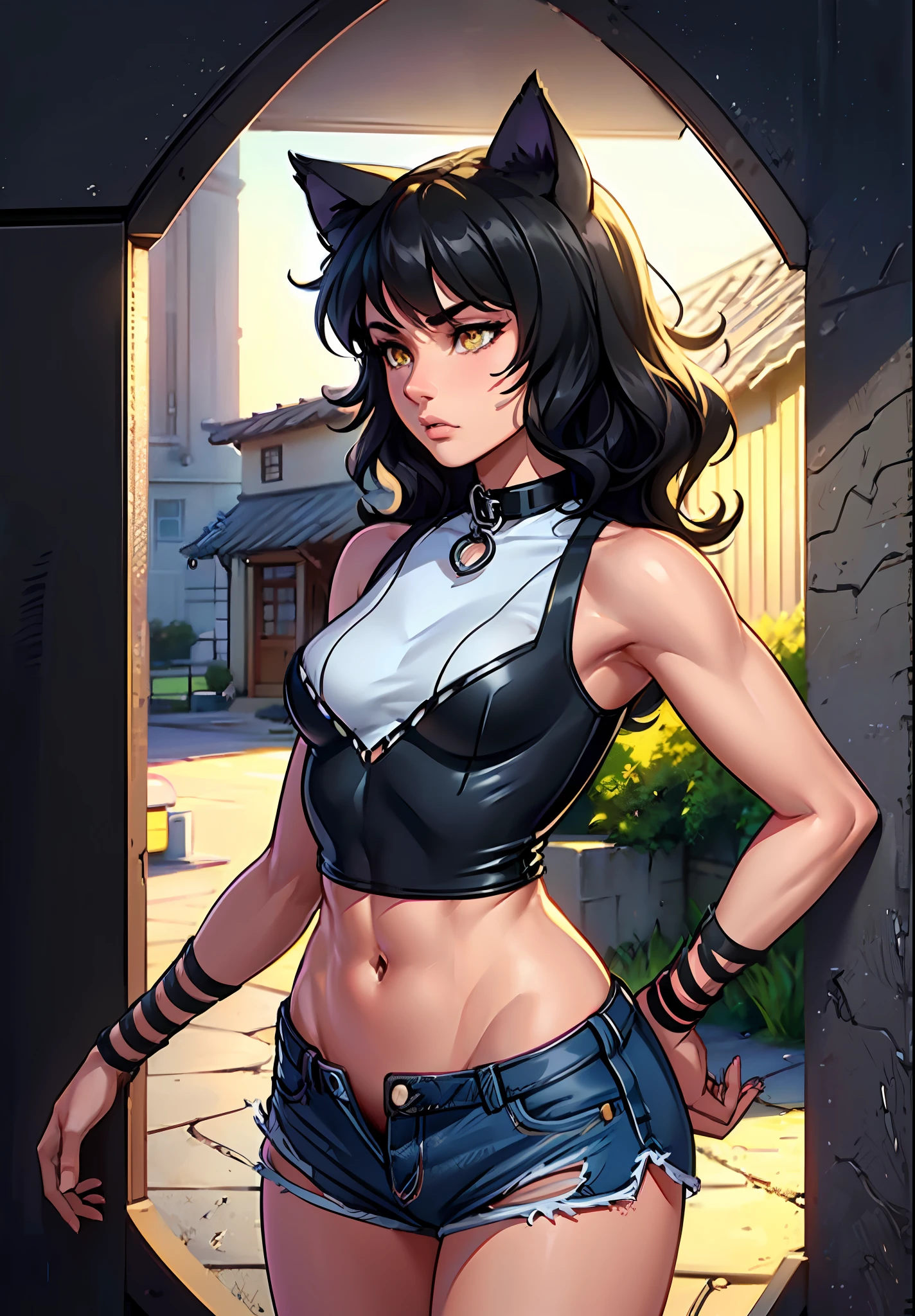 ((medium breasts, tomboy girls, small head)), cat ears, daylight, sunlight, blake belladonna, (chiseled abs: 0.5), (perfect body: 1.1), (short wavy hair: 1.2), black hair, collar, chain, full body shot, wide hips, ass, crowded street, in black tank top, denim jacket, ((shorts)), (extremely detailed CG 8k wallpaper), (extremely delicate and beautiful), (masterpiece), (best quality: 1.0), (ultra-high resolution:  1.0), beautiful lighting, perfect lighting, realistic shadows, [high resolution], detailed skin, super detailed