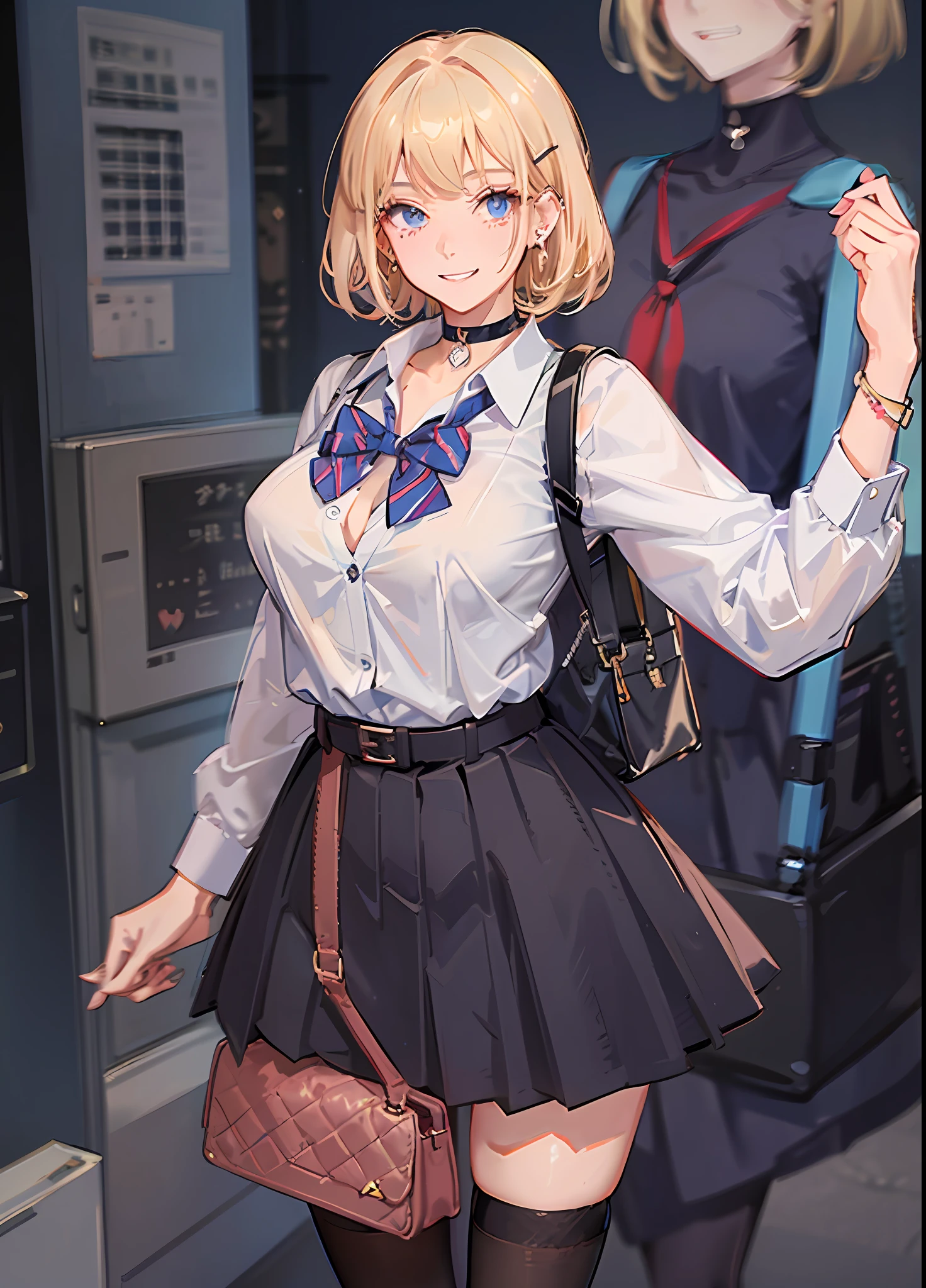 1girl, solo, skirt, blonde hair, hair ornament, bag, clothes around waist, thigh strap, smile, breasts, school bag, school uniform, short hair, shirt, gyaru, jewelry, looking at viewer, pleated skirt, choker, hairclip, bow, white background, white shirt, simple background, earrings, blue eyes, black skirt, sweater around waist, bangs, collarbone, black choker, cardigan, sweater, kogal, red bow, bowtie, cleavage, piercing, blush, large breasts, x hair ornament, standing, cardigan around waist, bracelet, collared shirt, mole, ear piercing, grin, thighs, miniskirt, watch