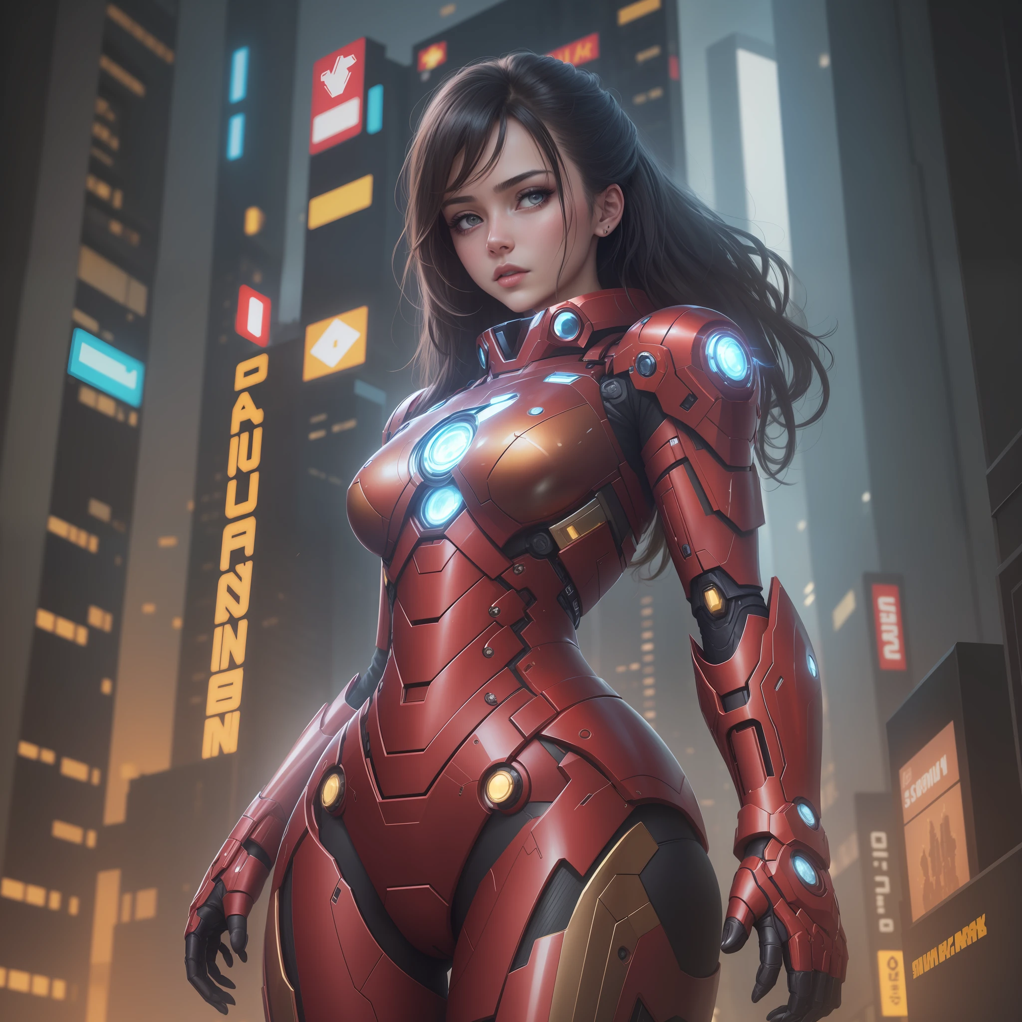 8k, realistic, attractive, highly detailed, a 20 year old girl a sexy and attractive woman inspired by Iron Man wearing a shiny Iron Man mech. She dresses with sexiness and confidence, perfectly interpreting Iron Man's strength and charisma. In a cyberpunk-style city night scene, a sexy and attractive woman takes Iron Man's cosplay as the theme. Wearing a shiny Iron Man mech, she stands on a street lined with tall buildings. The night lights of the city are bright, reflecting on her mecha, adding a sense of future technology. The surrounding buildings and streets are full of cyberpunk elements, such as neon lights, high-tech devices and futuristic architectural designs. The whole scene is full of futuristic and sci-fi atmosphere. This high-definition, high-quality picture will bring you stunning visual enjoyment, a perfect combination of sexy, futuristic and sci-fi elements. oc rendering, dramatic lighting, award winning quality --auto --s2