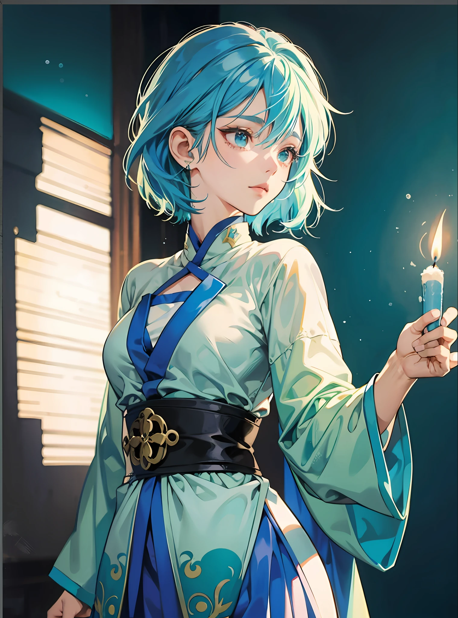 cartoon of a woman with blue hair holding a lit candle, 2 d anime style, sona is a slender, flat anime style shading, anime girl with teal hair, inspired by Leiko Ikemura, she is holding lighting candle, wearing magical robe, with blue hair, inspired by Rei Kamoi, in an anime style, 2 d anime, cel - shaded art style , short hair --auto --s2