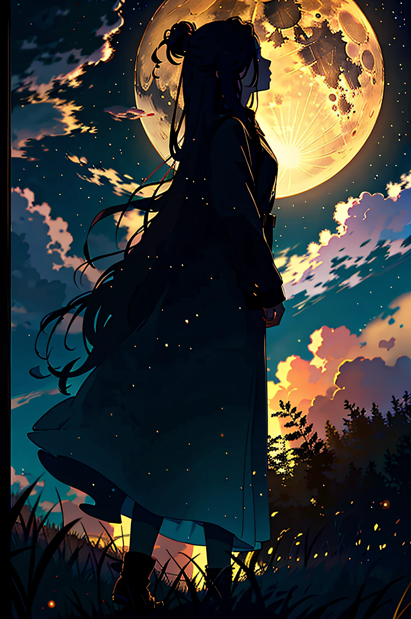 Masterpiece, best quality, night, hills, clouds, full moon, long hair, woman, silhouette, firefly.