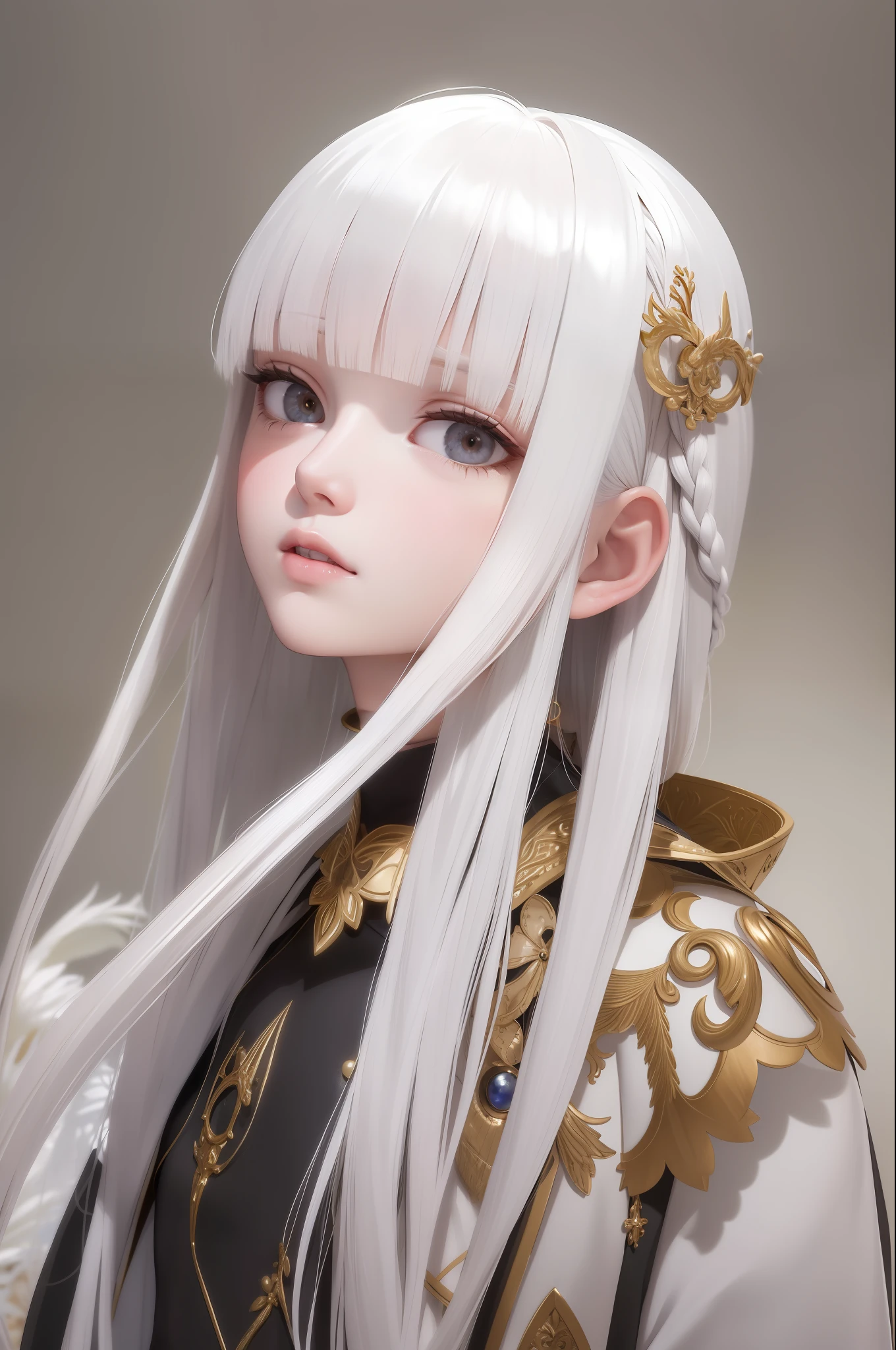 best quality, masterpiece,white hair, gold eyes,white clothes, looking up, upper body,hair strand,Fair skin,side braids
