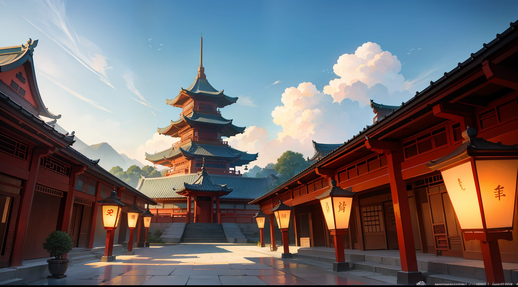 architecture, East Asian architecture, chinese architecture, arena, landscape, lantern, pagoda, outdoor, sky, cloud, building, tree, nobody, anime background art, anime beautiful peace scene, beautiful anime scene, beautiful anime scenery, anime background, masterpiece, (full lens: 1.5), medium scene, best quality,