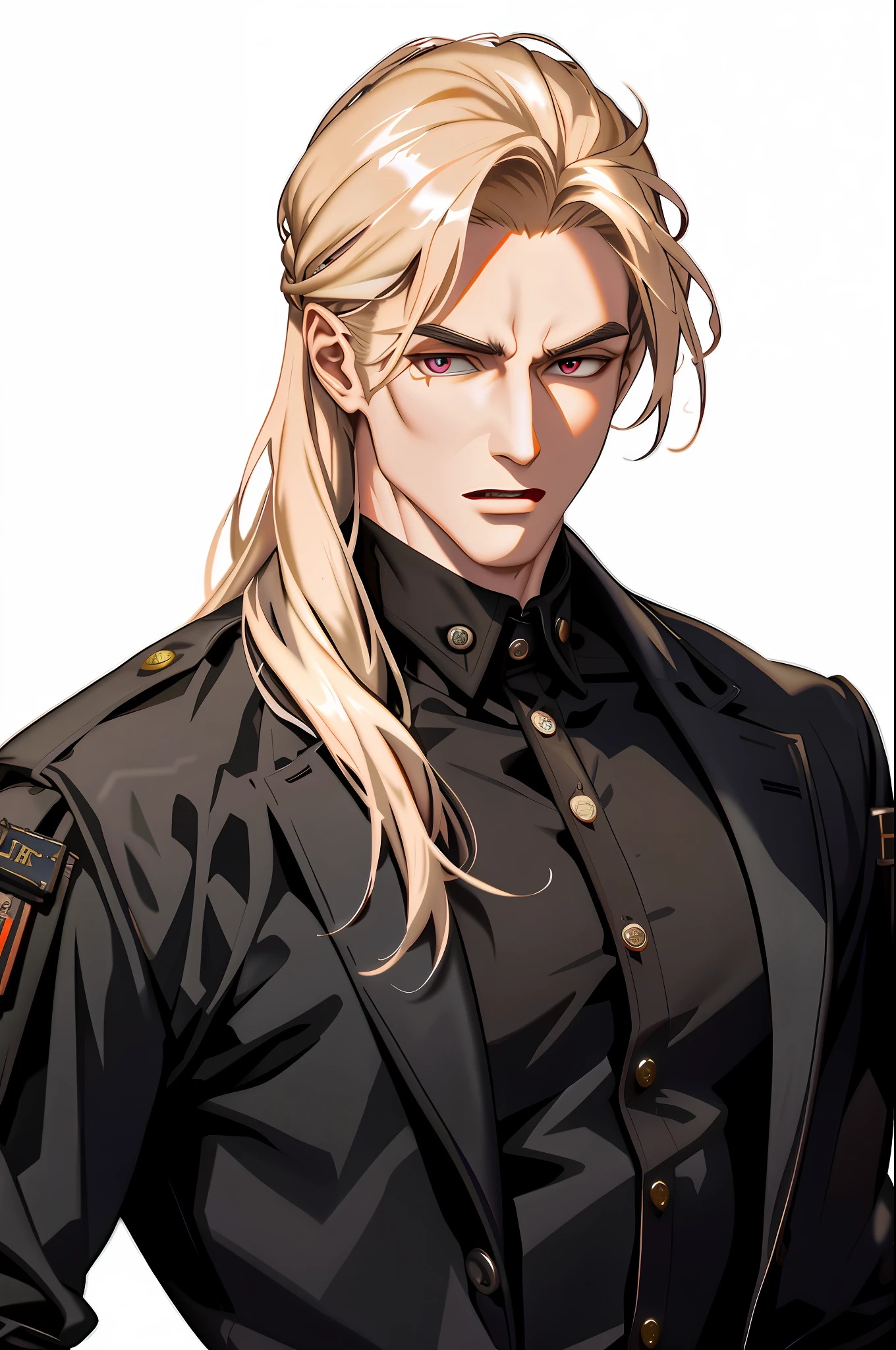 ((MLS)), (absurd res, high res, ultra detailed), 1 male, adult, handsome, tall muscular guy, broad shoulders, blonde long hair, red eyes, finely detailed eyes, looking at viewer, solo, MLS shot, no background, detailed face, smirk, renegade, rugged dark leather clothes, small leather pouch, high fantasy medieval setting, smuggler hideout background, stealth, undercover, (crates in background), shadows, fog, (dutch angle), ((open mouth))