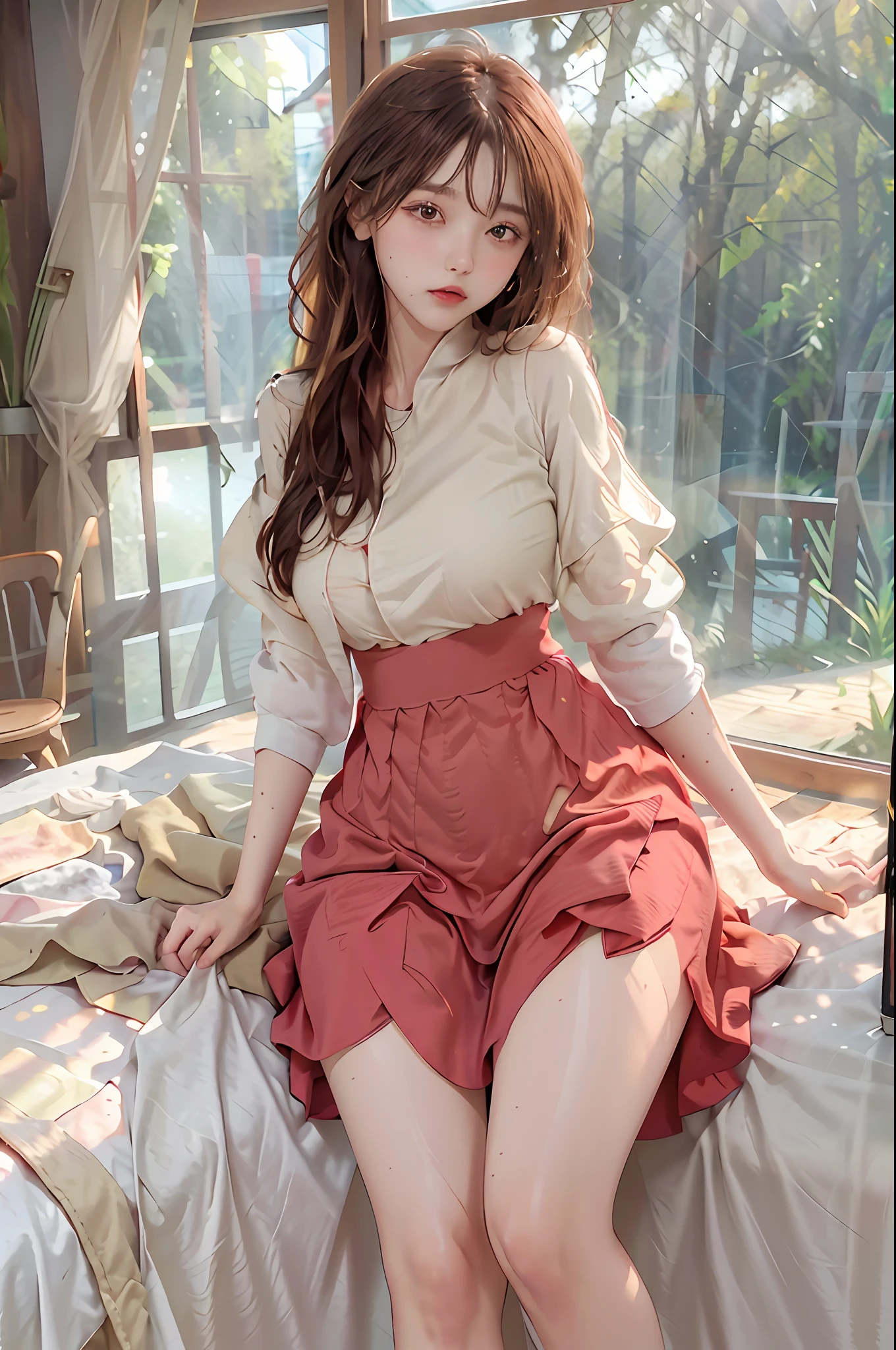 (highest resolution, distinct_image) best quality, woman, masterpiece, highly detailed, semi-realistic, 21 years old, cute, young, beautiful, interior, modern bedroom, window, wake up, morning, blush, thick thighs, wide hips, thin waist, tall, coral, (sweat: 1.2), (wet), sexy, blush, long skirt, wear long dress, light red long dress, light red t-shirt, light red shirt