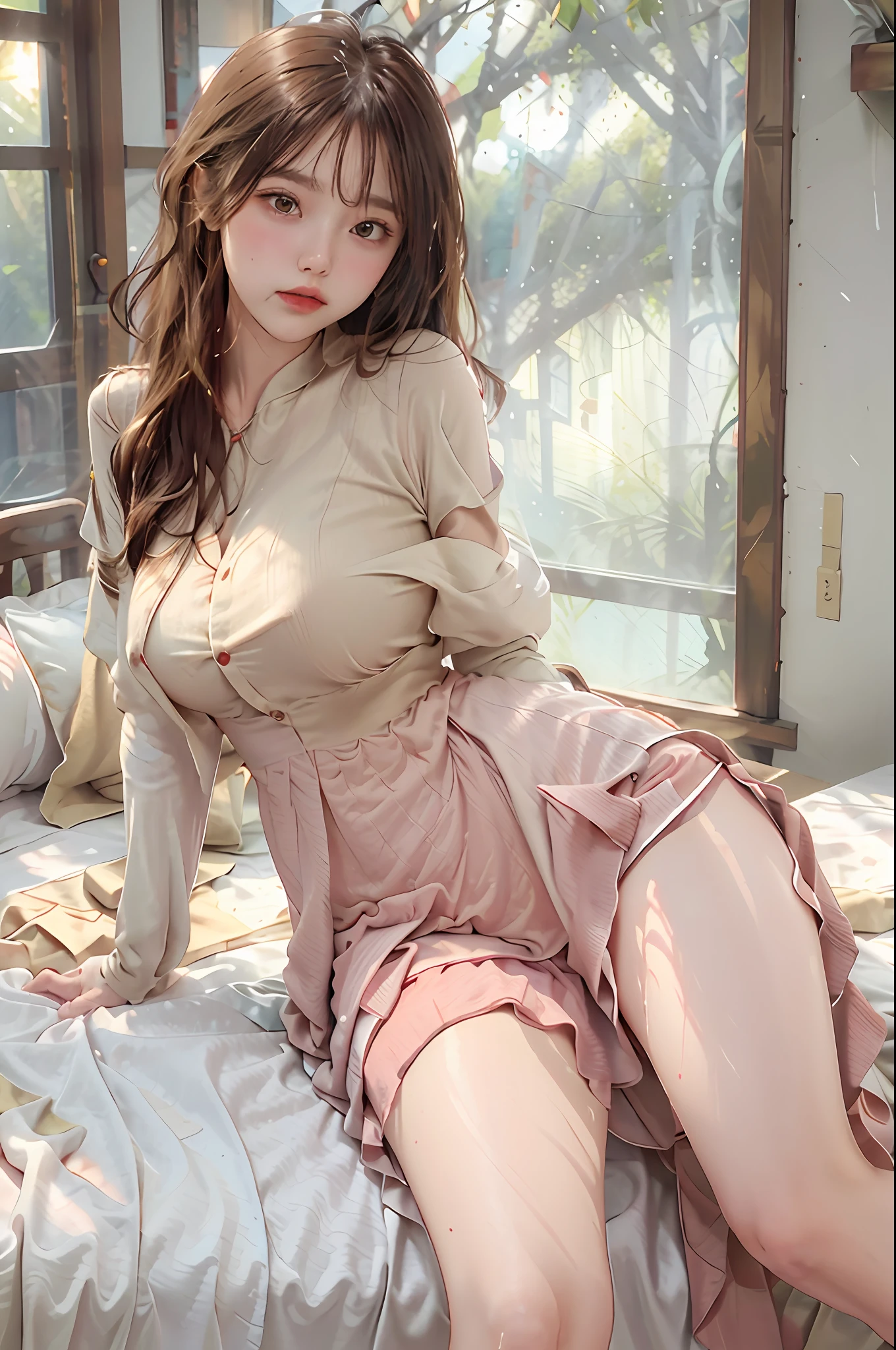 (highest resolution, distinct_image) best quality, woman, masterpiece, highly detailed, semi-realistic, 21 years old, cute, young, beautiful, interior, modern bedroom, window, wake up, morning, blush, thick thighs, wide hips, thin waist, tall, coral, (sweat: 1.2), (wet), sexy, blush, long skirt, wear long dress, light red long dress, light red t-shirt, light red shirt