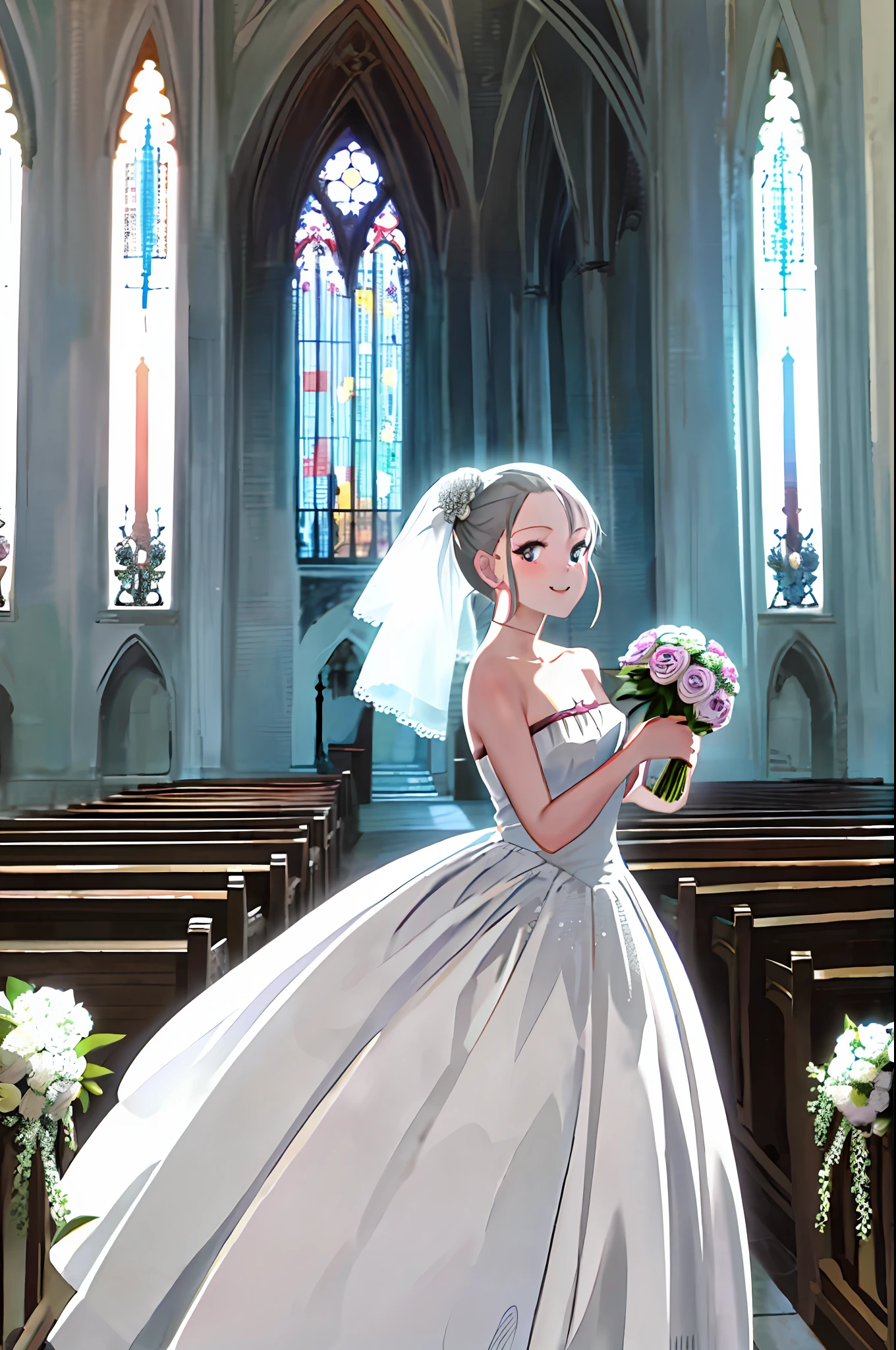 mer, wedding dress, bouquet, smile, church