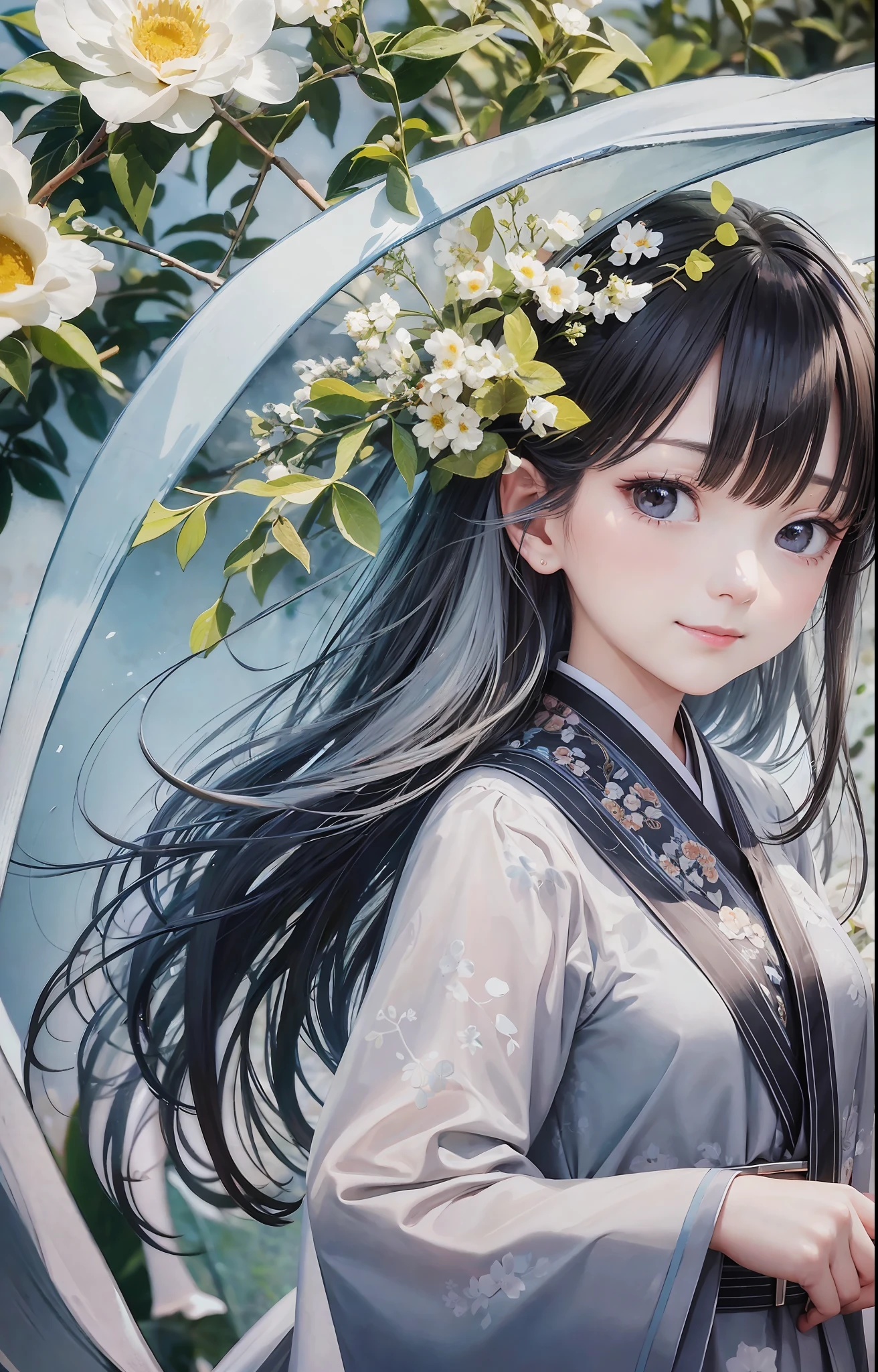 stechu, (white background: 1.4), (tachi-e)), original, (illustration: 1.1), (best quality), (masterpiece: 1.1), (very detailed CG unity 8k wallpaper: 1.1), (color: 0.9), (panoramic shot: 1.4), (single: 1.2), (splashed ink), (splashed color), ((watercolor)), clear and sharp focus, { 1girl standing }, ((korean style)) , flower background, outdoors, looking at the viewer, making happy expressions, soft smiles, pure, beautiful delicate face and eyes, exquisite clothing pattern details, black hair, dark eyes, aqua, charming smile, healing smile