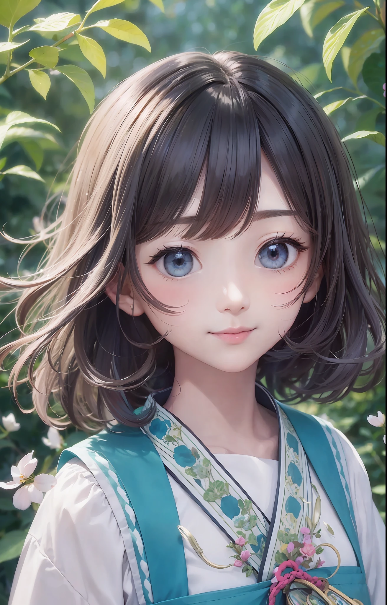 stechu, (white background: 1.4), (tachi-e)), original, (illustration: 1.1), (best quality), (masterpiece: 1.1), (very detailed CG unity 8k wallpaper: 1.1), (color: 0.9), (panoramic shot: 1.4), (single: 1.2), (splashed ink), (splashed color), ((watercolor)), clear and sharp focus, { 1girl standing }, ((korean style)) , flower background, outdoors, looking at the viewer, making happy expressions, soft smiles, pure, beautiful delicate face and eyes, exquisite clothing pattern details, black hair, dark eyes, aqua, charming smile, healing smile