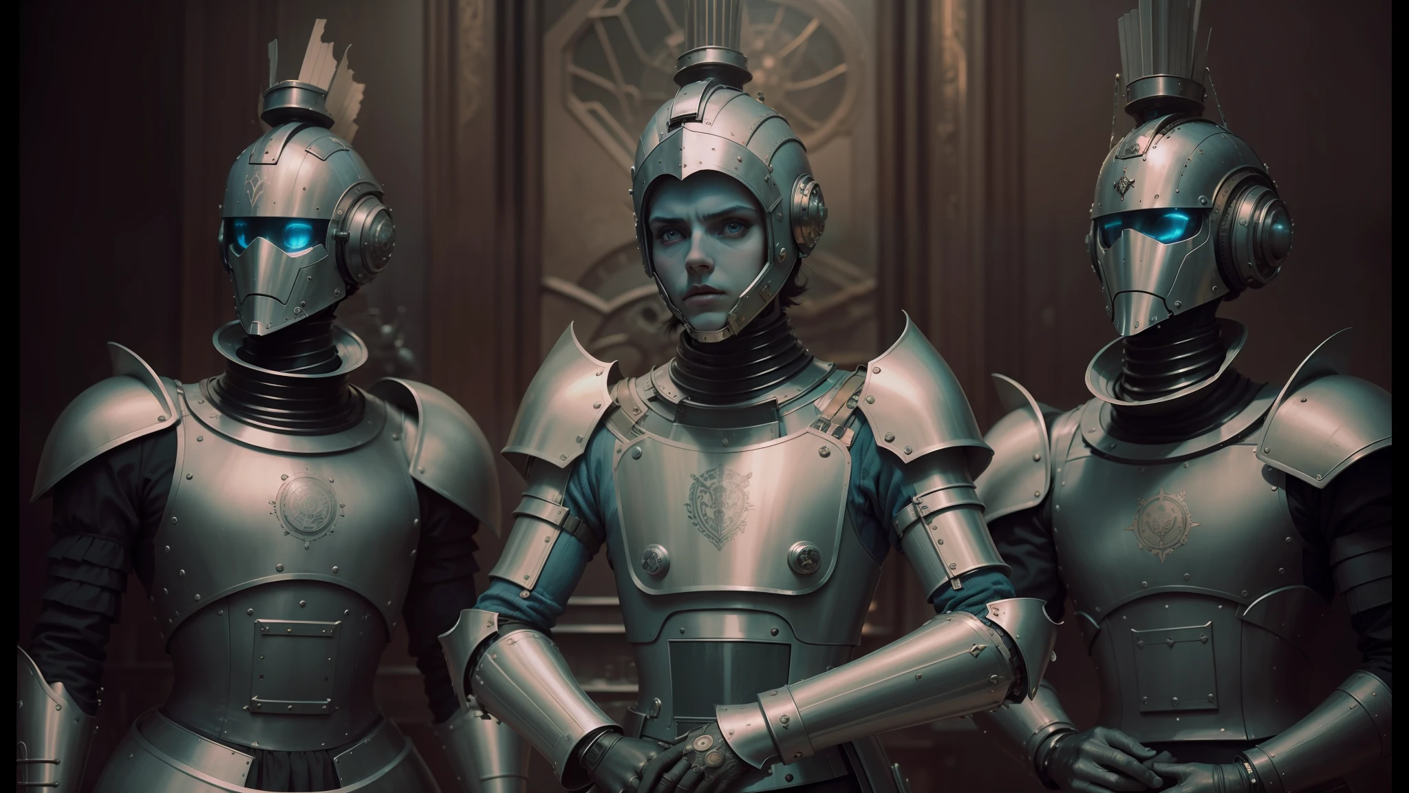 three men in armor standing next to each other, inspired victorian sci - fi, featured on vimeo, looks like christina ricci, modeling photograph kerli koiv, award - winning 4 k photograph, inspired by Ravi Zupa, connected to heart machines, blue - grey gear, steam-punk --auto --s2