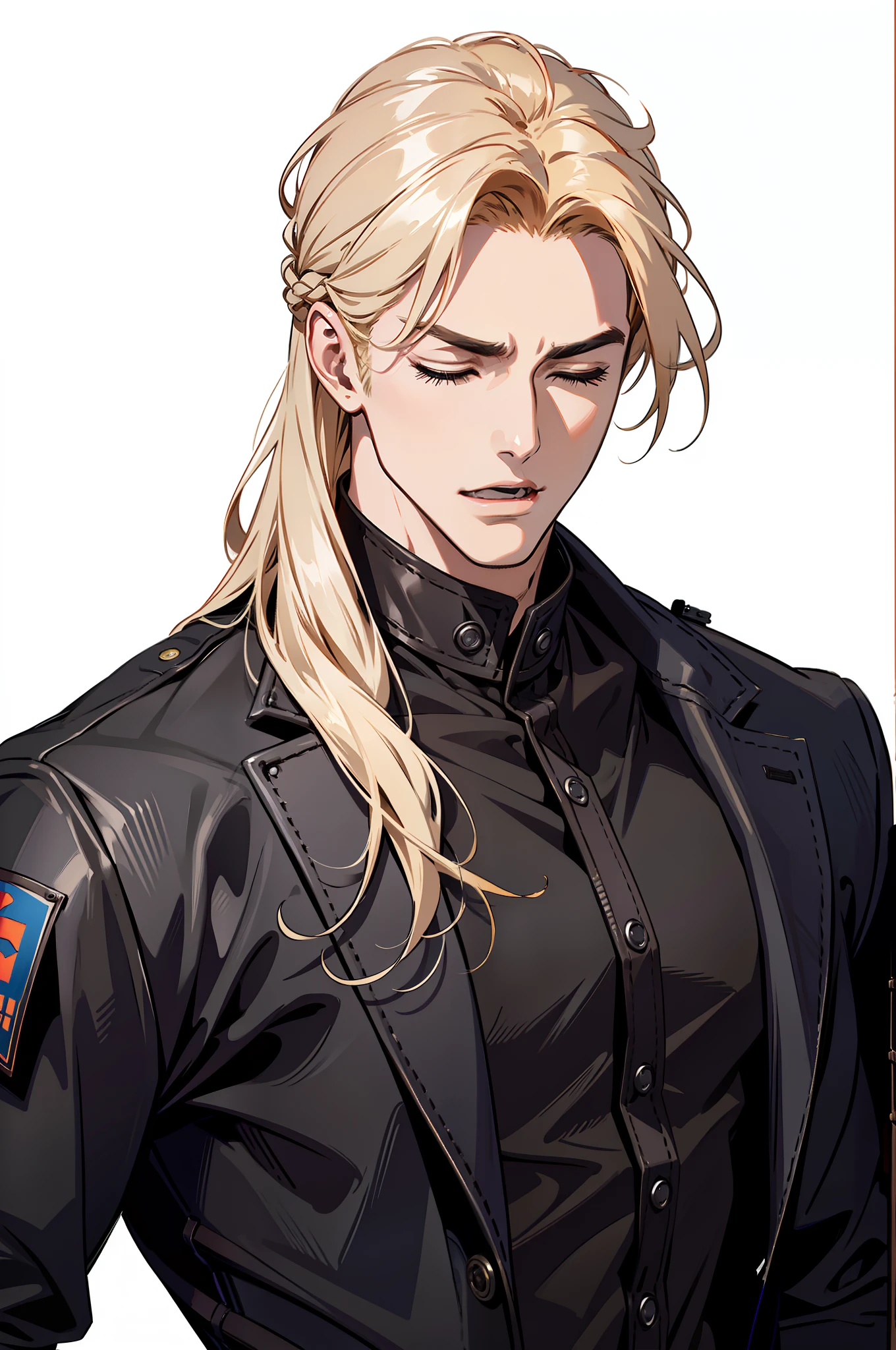 ((MLS)), (absurd res, high res, ultra detailed), 1 male, adult, handsome, tall muscular guy, broad shoulders, blonde long hair, red eyes, finely detailed eyes, looking at viewer, solo, MLS shot, no background, detailed face, smirk, renegade, rugged dark leather clothes, small leather pouch, high fantasy medieval setting, smuggler hideout background, stealth, undercover, (crates in background), shadows, fog, (dutch angle), (((open mouth))), ((one eye closed))