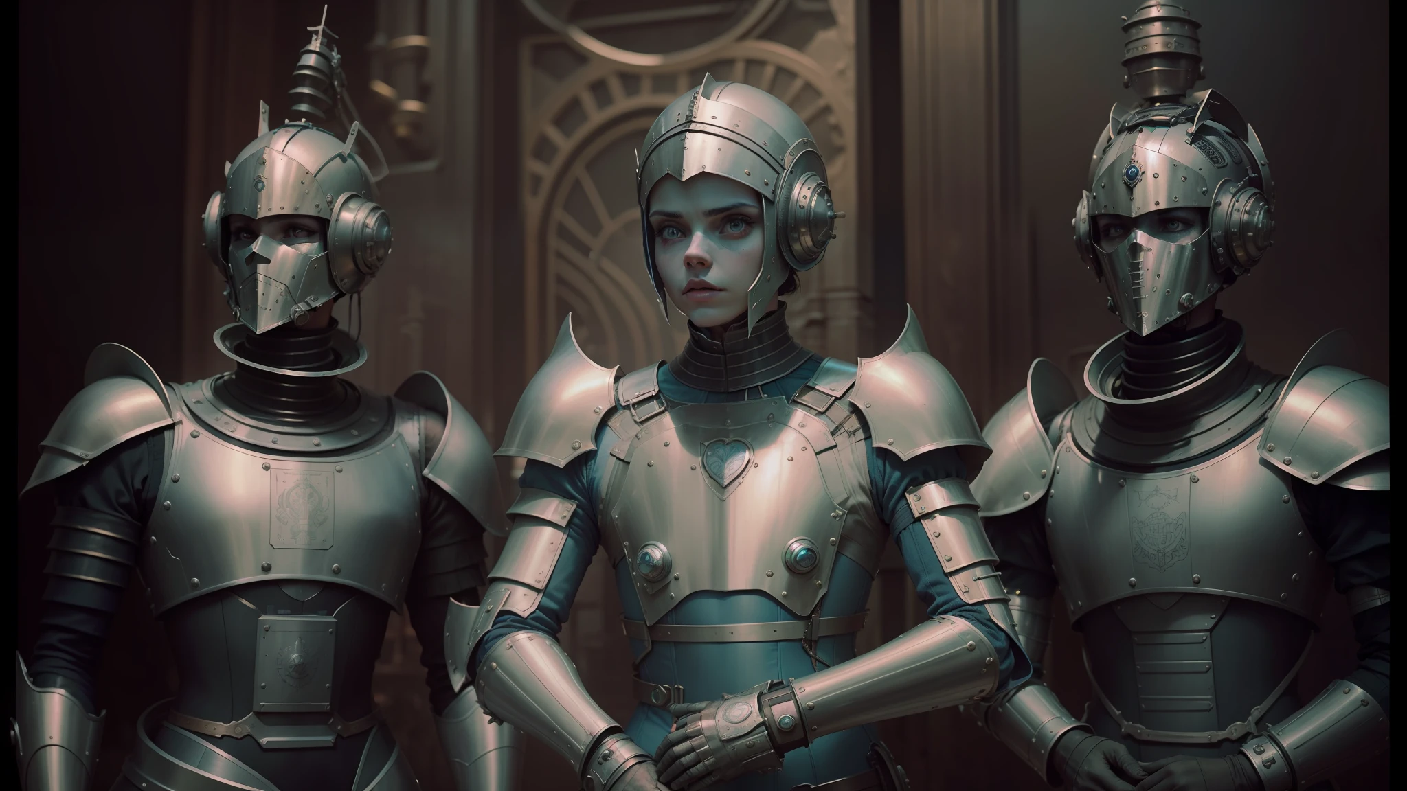 three men in armor standing next to each other, inspired victorian sci - fi, featured on vimeo, looks like christina ricci, modeling photograph kerli koiv, award - winning 4 k photograph, inspired by Ravi Zupa, connected to heart machines, blue - grey gear, steam-punk --auto --s2