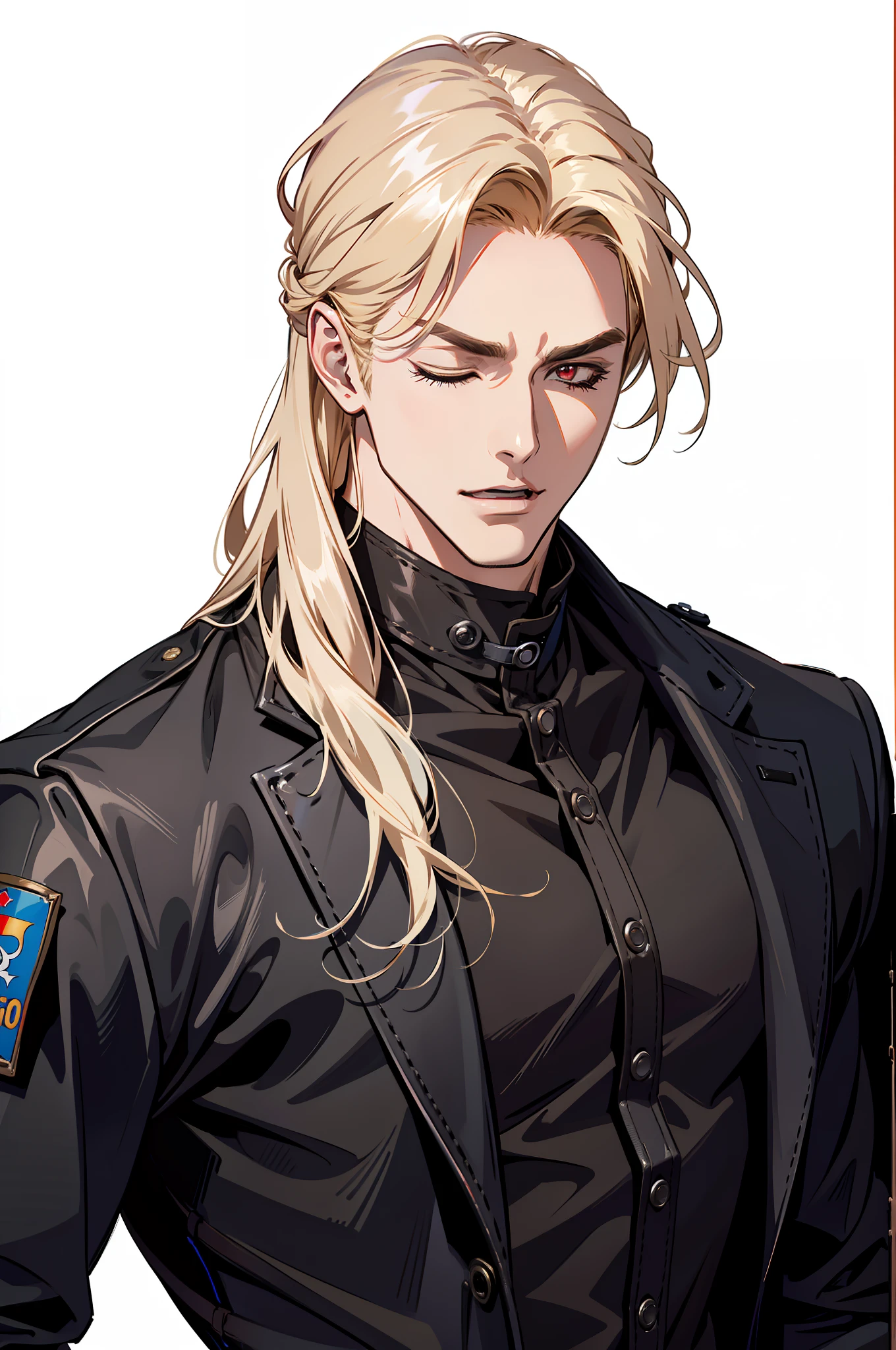 ((MLS)), (absurd res, high res, ultra detailed), 1 male, adult, handsome, tall muscular guy, broad shoulders, blonde long hair, red eyes, finely detailed eyes, looking at viewer, solo, MLS shot, no background, detailed face, smirk, renegade, rugged dark leather clothes, small leather pouch, high fantasy medieval setting, smuggler hideout background, stealth, undercover, (crates in background), shadows, fog, (dutch angle), (((open mouth))), ((one eye closed))