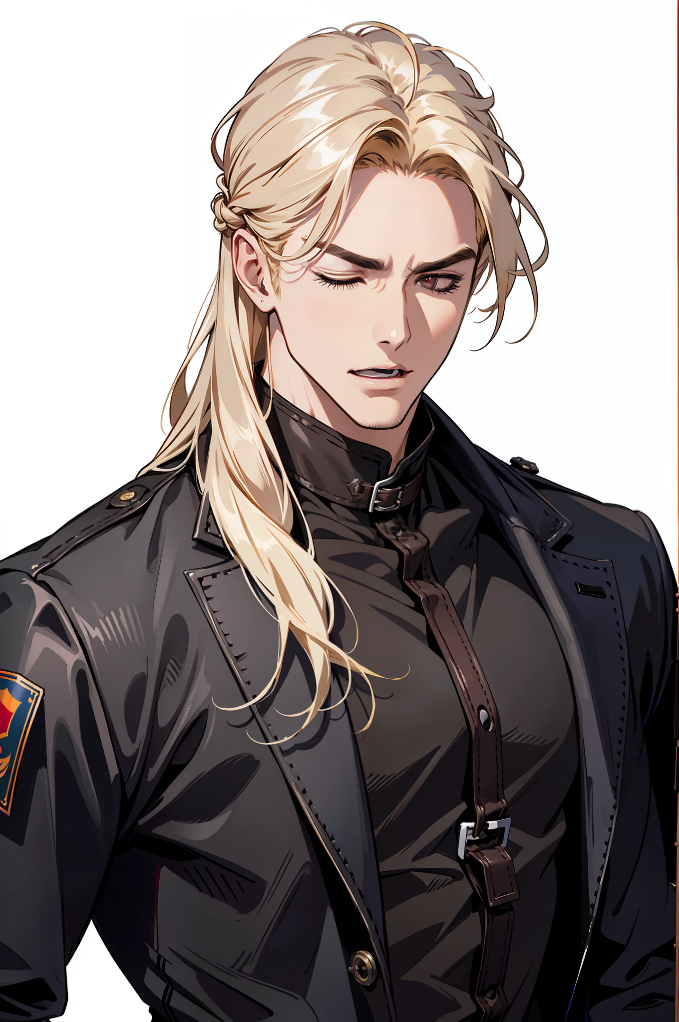 ((MLS)), (absurd res, high res, ultra detailed), 1 male, adult, handsome, tall muscular guy, broad shoulders, blonde long hair, red eyes, finely detailed eyes, looking at viewer, solo, MLS shot, no background, detailed face, smirk, renegade, rugged dark leather clothes, small leather pouch, high fantasy medieval setting, smuggler hideout background, stealth, undercover, (crates in background), shadows, fog, (dutch angle), (((open mouth))), ((one eye closed))