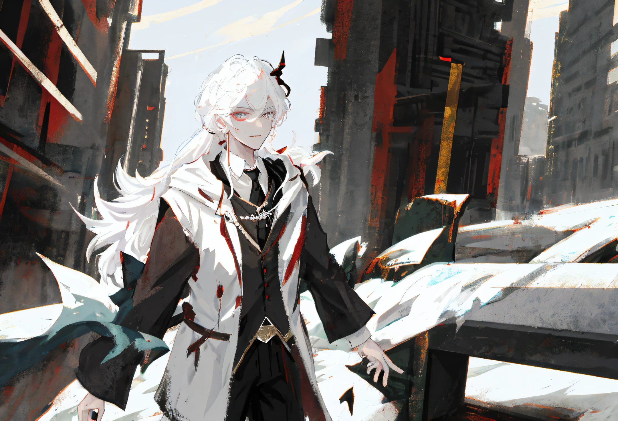 The Chinese-style silver-haired man broke down and laughed, covered in wounds, holding a bloody sword in his hand, now on the broken city wall