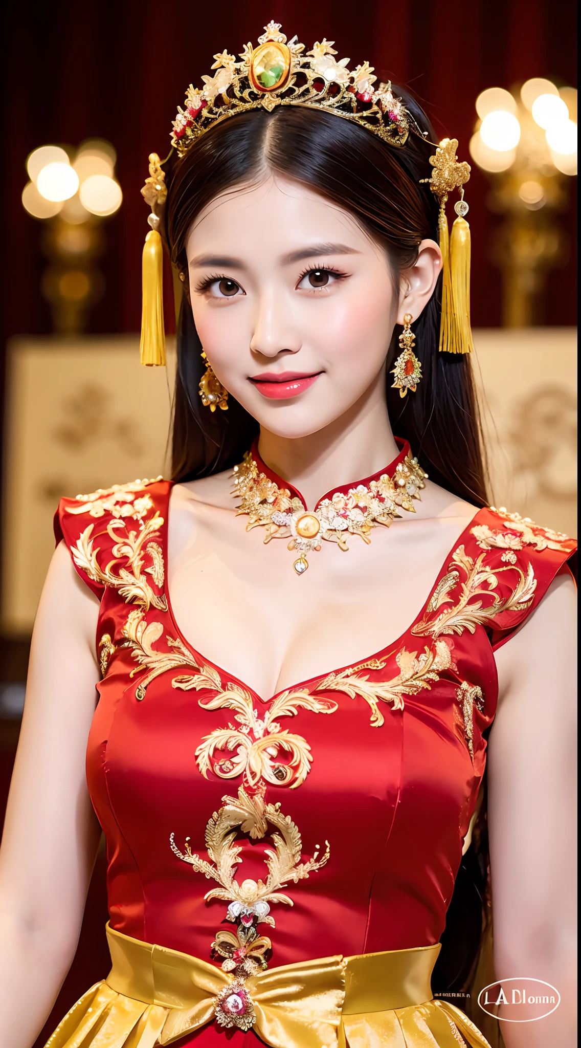 (8k, RAW photo, best quality, masterpiece: 1.2), (realistic, realistic: 1.37), 1 woman with emphasis on slim abs, (big breasts: 1.2), woman posing for photo in red dress and headdress, gorgeous cosplay, beautiful costume, Chinese dress, complex costume, traditional beauty, gorgeous model, Chinese costume, wearing gorgeous costume, wearing elegant Chinese Xiuhe dress, Chinese wedding dress, phoenix crown, antique bride, Xiuhe dress, close-up, close-up, wearing a phoenix crown, Smile, dragon and phoenix embroidered dress