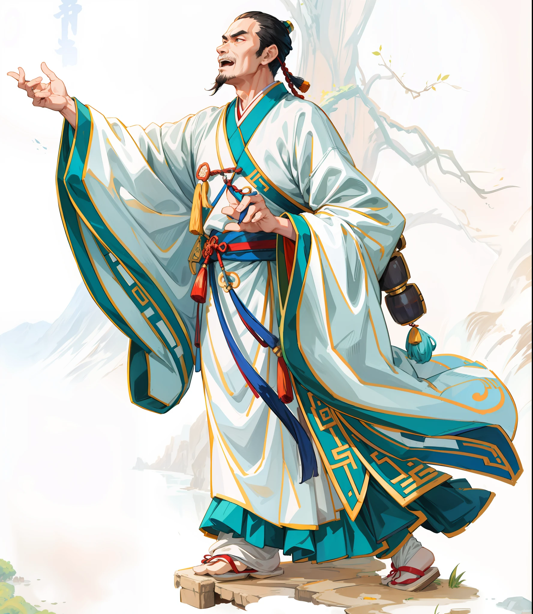 (Best quality: 1.4), anime, solo, an ancient Chinese man, head up wearing Hanfu, chanting poetry movements, singing long sleeves, background is ink landscape, HD, 8K