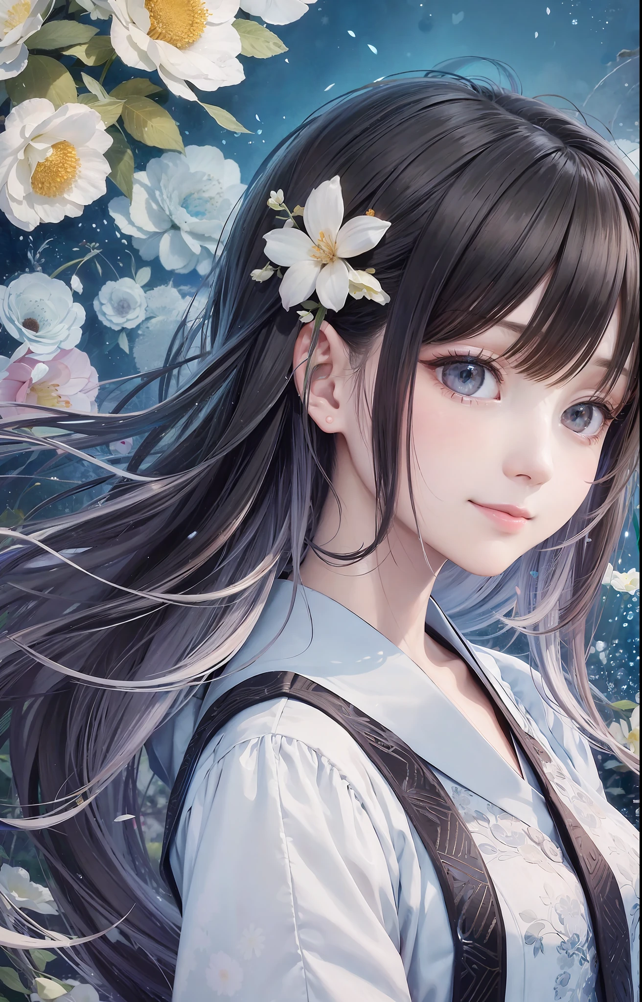 stechu, ((tachi-e)), original, (illustration: 1.1), (best quality), (masterpiece), (very detailed CG unity 8k wallpaper), (color: 0.9), (panoramic shot: 1.4), (single: 1.2), (splash ink), (splash color), ((watercolor)), clear and sharp focus, { 1girl standing }, ((korean style)), flower background, Outdoors, looking at the viewer, making happy expressions, soft smiles, pure, beautiful delicate faces and eyes, delicate clothing pattern details, black hair, black eyes, water color, charming smile, healing smile