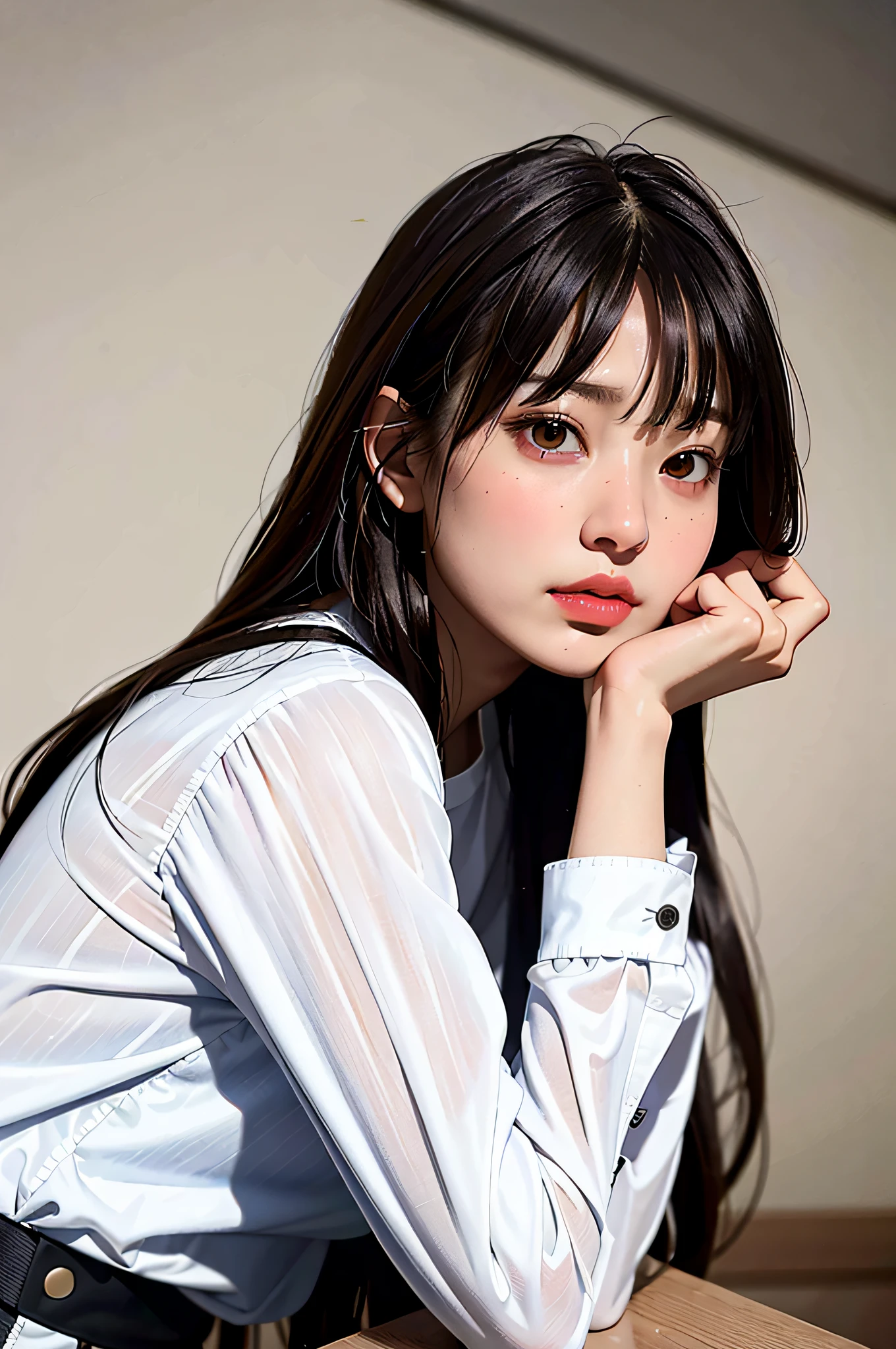 Masterpiece, best quality, (dark photo: 1.3), photorealistic, 1girl, flat bangs, nice innocent symmetrical face, shirt, emotional, ulzzang, (PureErosFace_V1:0.7)