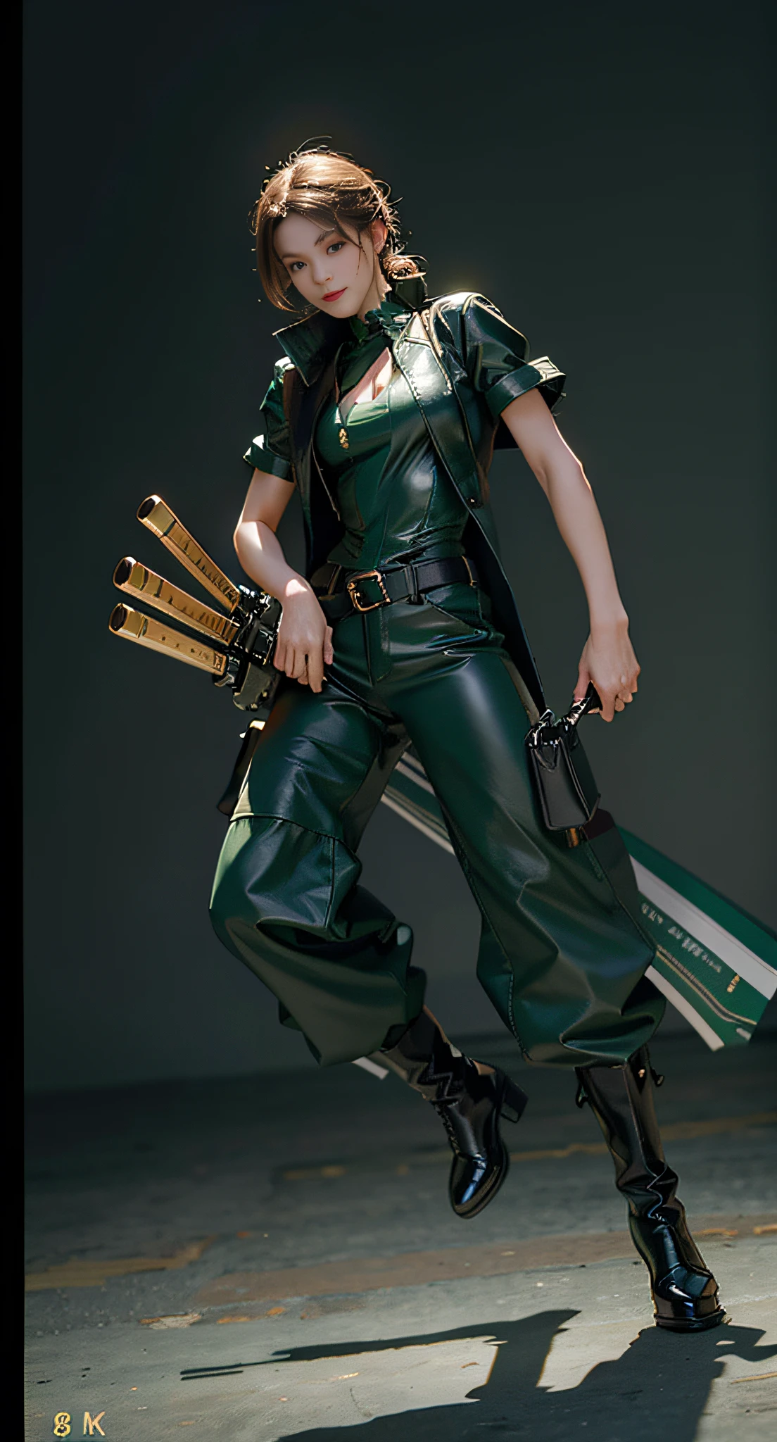 ((Best Quality, 8K, Masterpiece :1.3)), Full Body, Long Legs, Sharp Focus :1.2, A Beautiful Woman with Perfect Body :1.4, Slim Abs :1.1, ((Green Hair, Huge Breasts :0.4)), (Dark Green Clothes, Black Leather Shoes, Green Belt), Highly Detailed Face and Skin Texture, Brown Eyes, Beautiful Fine Eyes, Double Eyelids, Smile, Clear Sky, Professional Lighting, Photon Mapping, Light Energy Transfer, Physical Based Rendering, ( Pale skin: 1.2), looking at the audience, brightening the skin, shooting in the light