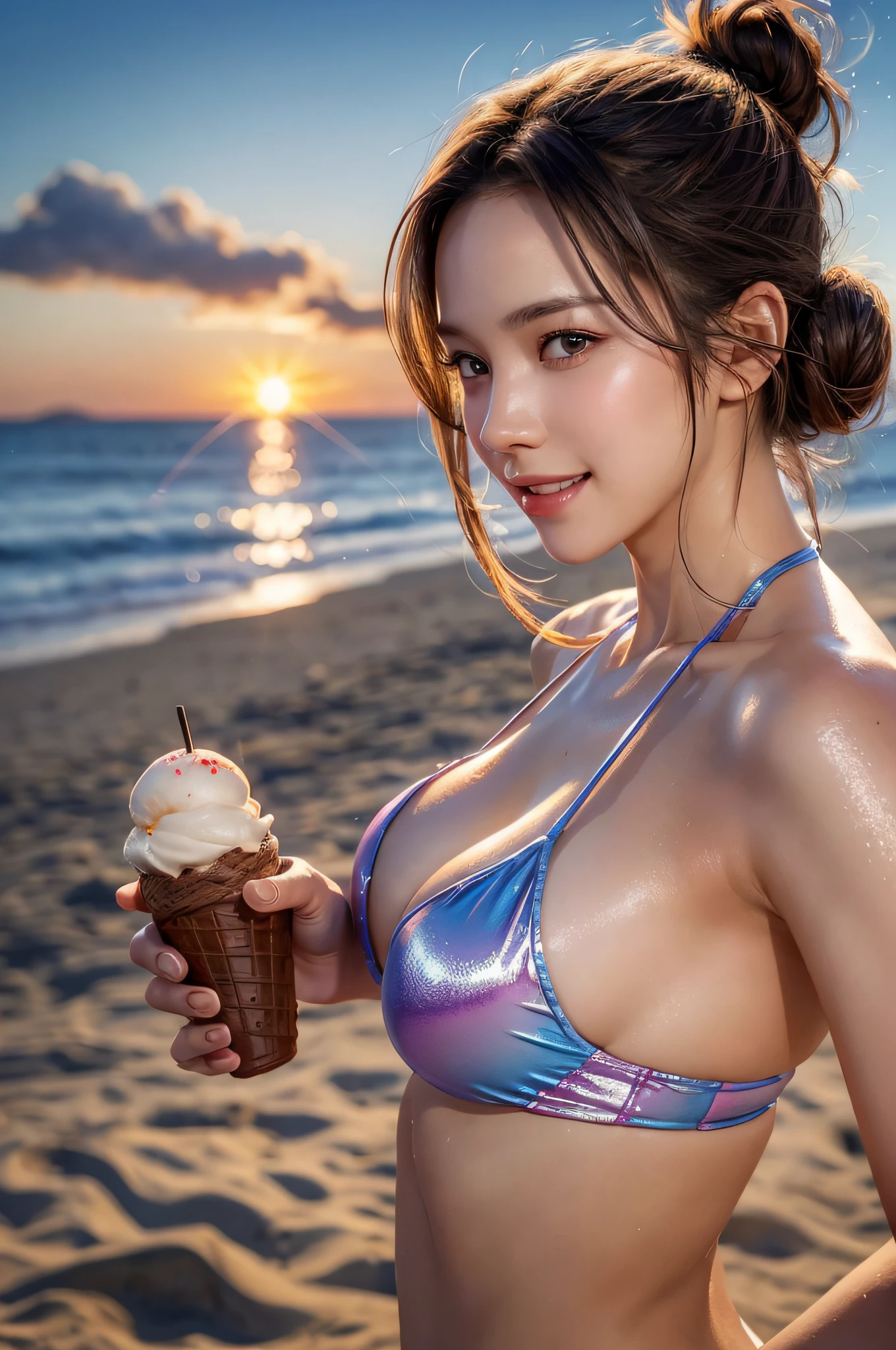 (best quality), (realistic), Beautiful girl, smile, dark-brown hair, messy bun hair, shiny sweat, slender:0.7, fiddling with ice cream in beach, big breasted:1.2, bikini, sunset, cowboy shot, natural lightning, front-side view, ray tracing,