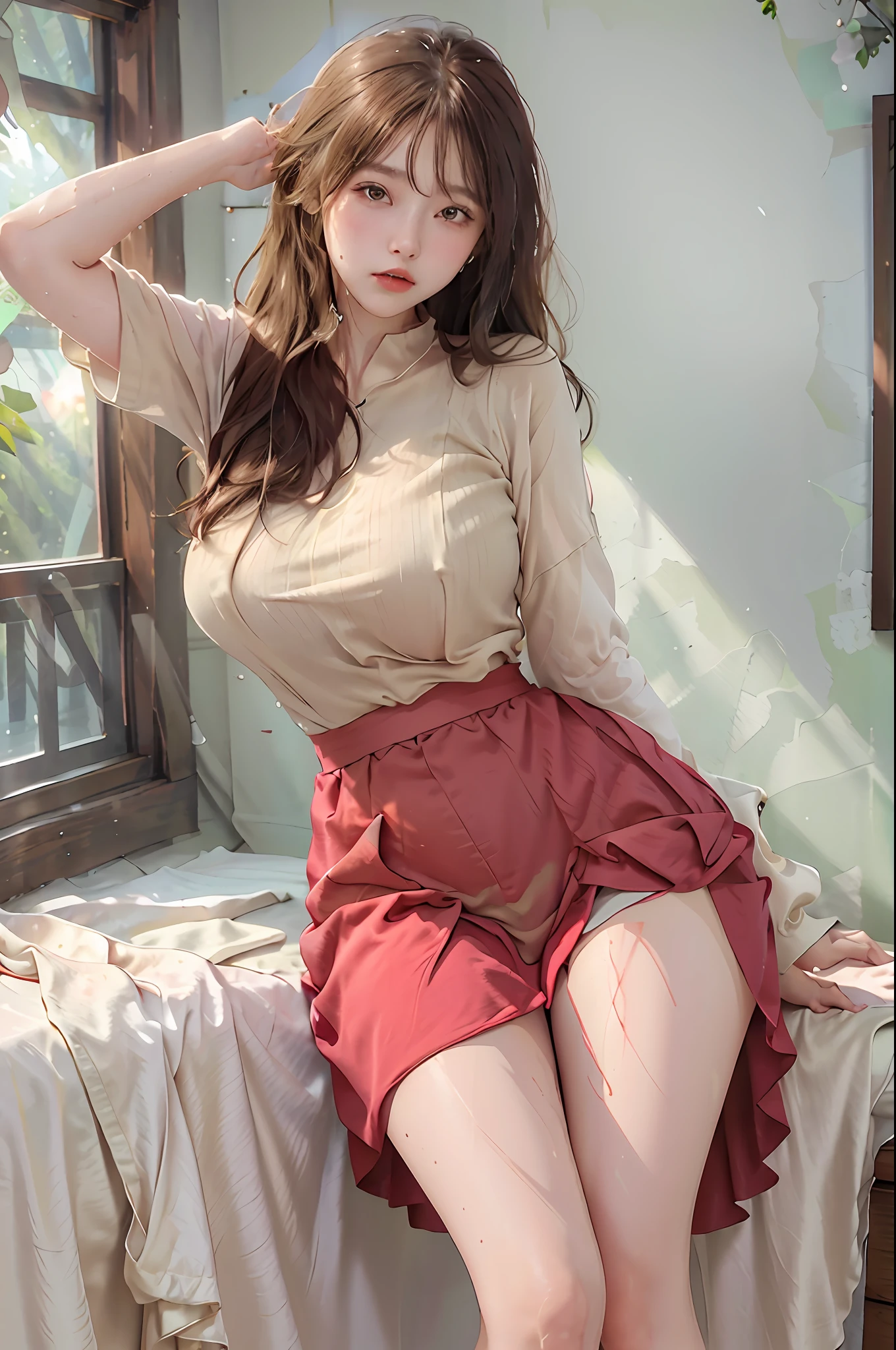 (highest resolution, distinct_image) best quality, woman, masterpiece, highly detailed, semi-realistic, 21 years old, cute, young, beautiful, interior, modern bedroom, window, wake up, morning, blush, thick thighs, wide hips, thin waist, tall, coral, (sweat: 1.2), (wet), sexy, blush, long skirt, wear long dress, light red long dress, light red t-shirt, light red shirt