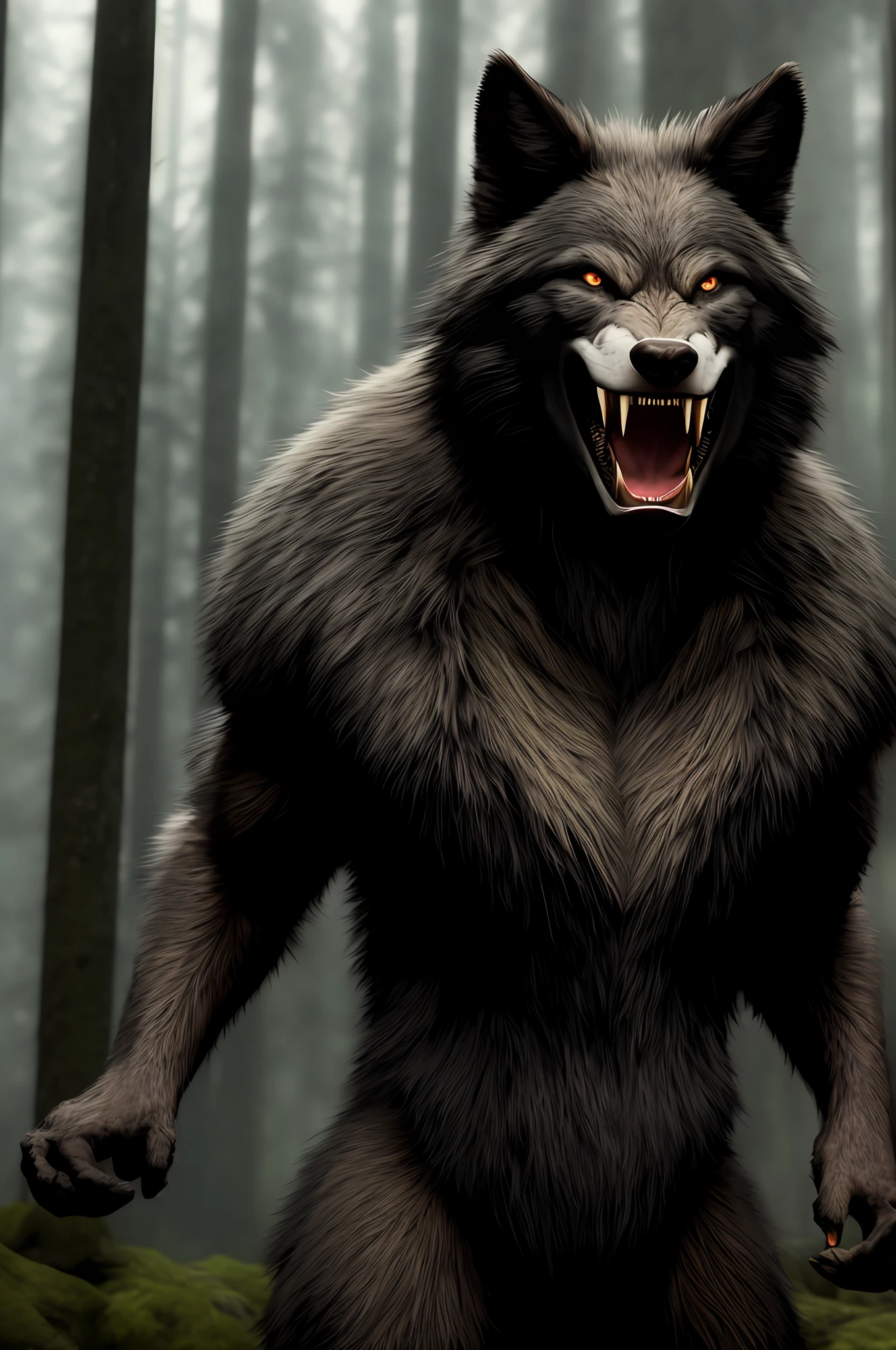 Ultra detailed 8K CG, perfect face, insanely beautiful face, mature man, revealing clothes, spotlight, looking at the viewer, hyper-realistic, werewolf power, daring look, elegant, forest background, rain, fog, short disheveled hair, full body, full-length, full-length, huge claws on the hands, grinning showing fangs, showed fangs, opened mouth, seperrealistic, mega-realistic, perfect inflated body