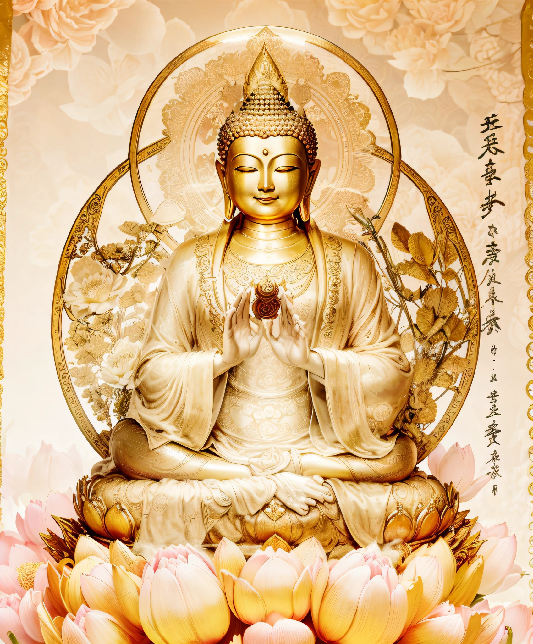Buddha statue, Buddha, Buddha, Buddhism, Buddhism, Guanyin, beautiful Buddhist mandala, Buddhism, Bodhisattva, character removal, real 3D, on lotus flower and gold background