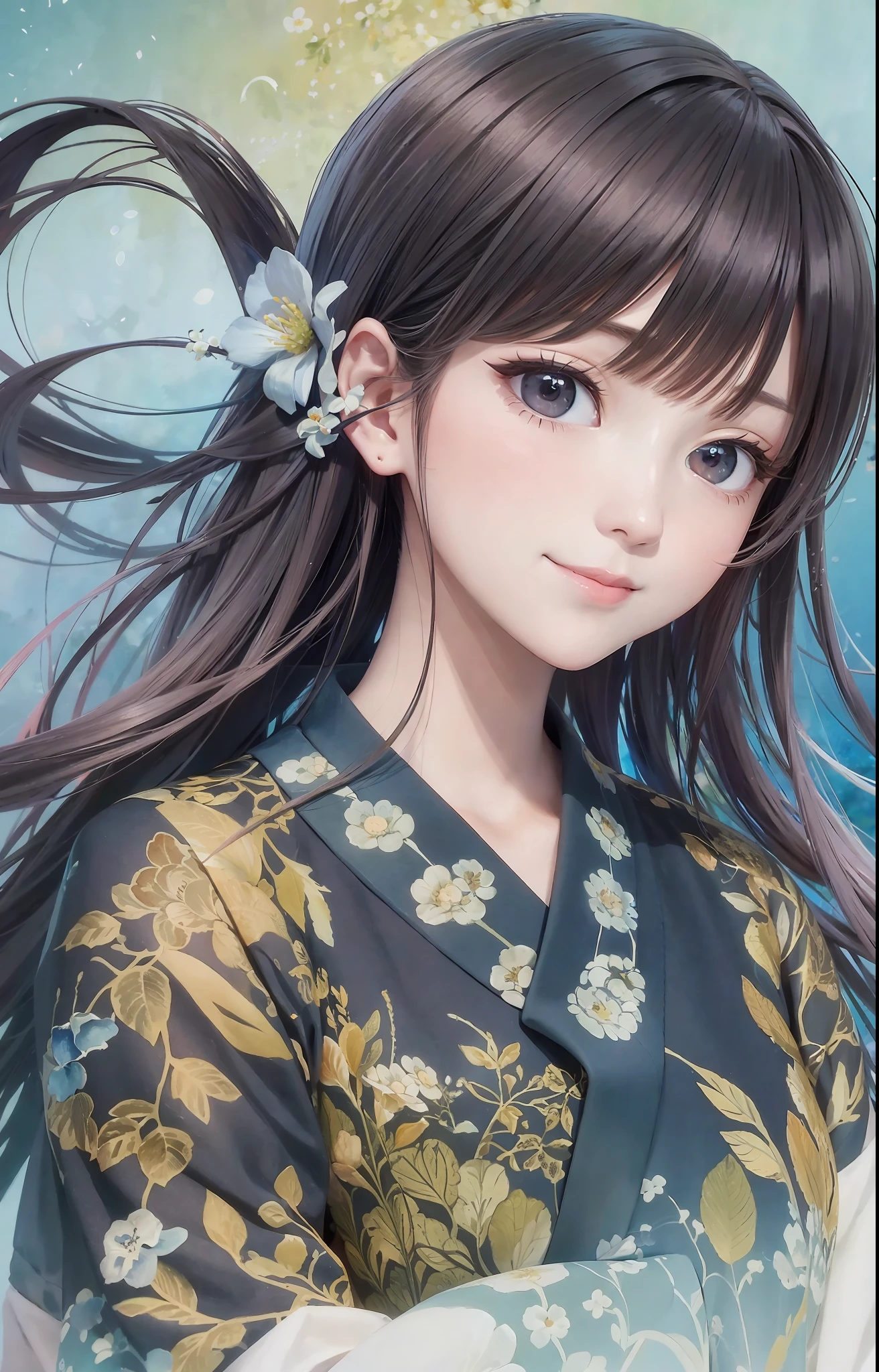 stechu, ((tachi-e)), original, (illustration: 1.1), (best quality), (masterpiece), (very detailed CG unity 8k wallpaper), (color: 0.9), (panoramic shot: 1.4), (single: 1.2), (splash ink), (splash color), ((watercolor)), clear and sharp focus, { 1girl standing }, ((korean style)), flower background, Outdoors, looking at the viewer, making happy expressions, soft smiles, pure, beautiful delicate faces and eyes, delicate clothing pattern details, black hair, black eyes, water color, charming smile, healing smile