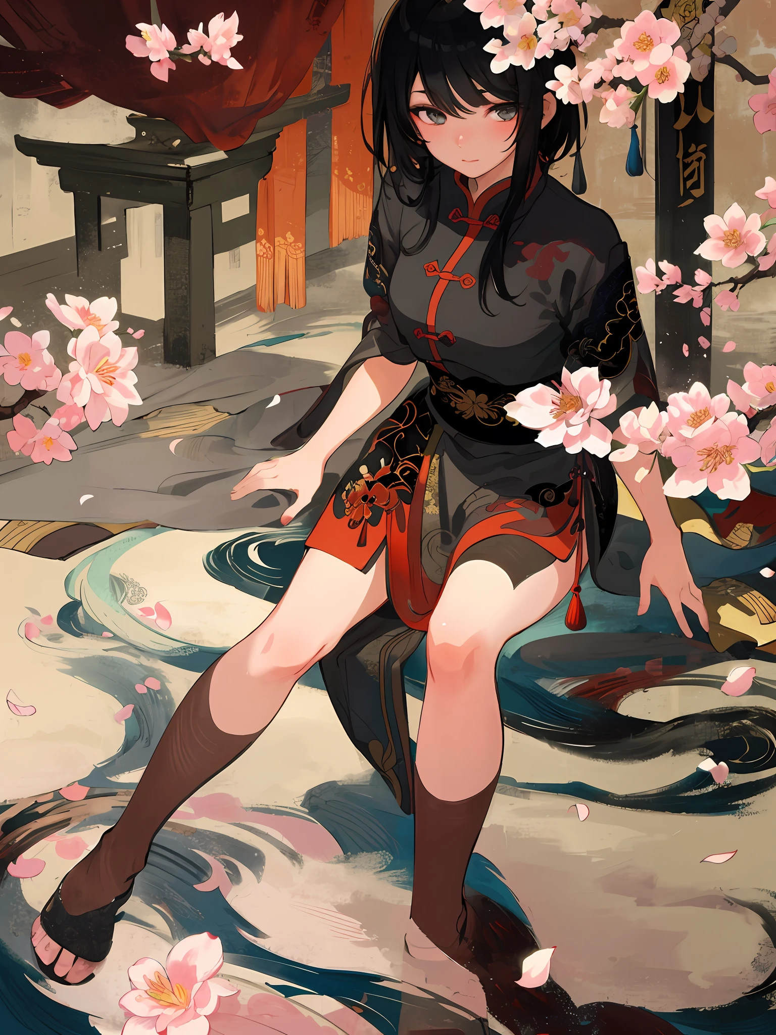 masterpiece, high quality, highly detailed, (rim lighting, spot lighting:0.75), ((good anatomy)), 1girl, (finely detailed face and beautiful eyes), oriental, solo, close up, blossomed flower, innocent eyes expressions, black hair, traditional Chinese ink painting, advanced color scheme, rich background, illustration, petals, Chinese style,