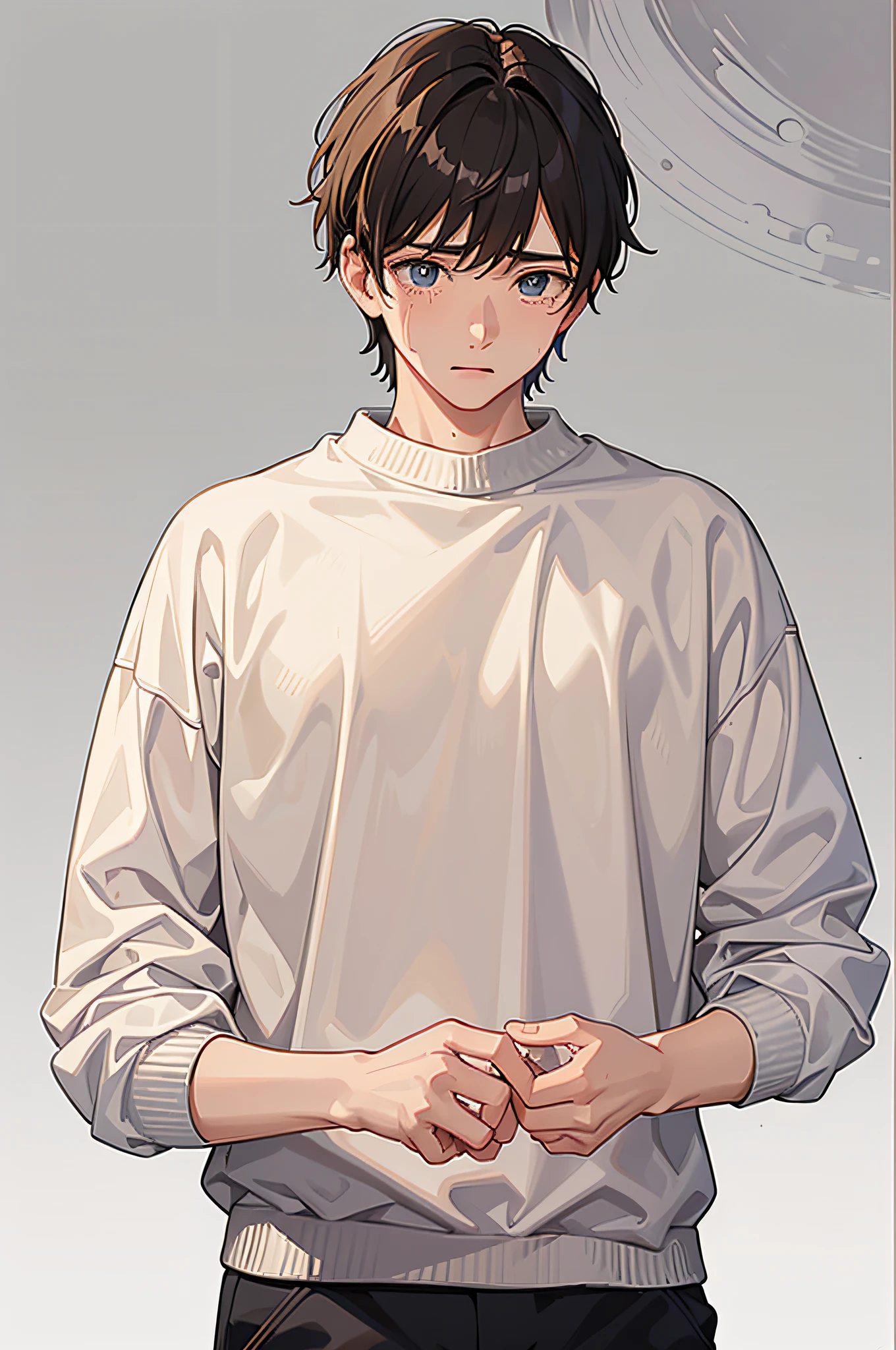 Masterpiece, detailed picture, 20-year-old man, upper body, wearing sweatshirt, empty background. Tears, crying, tears on the face