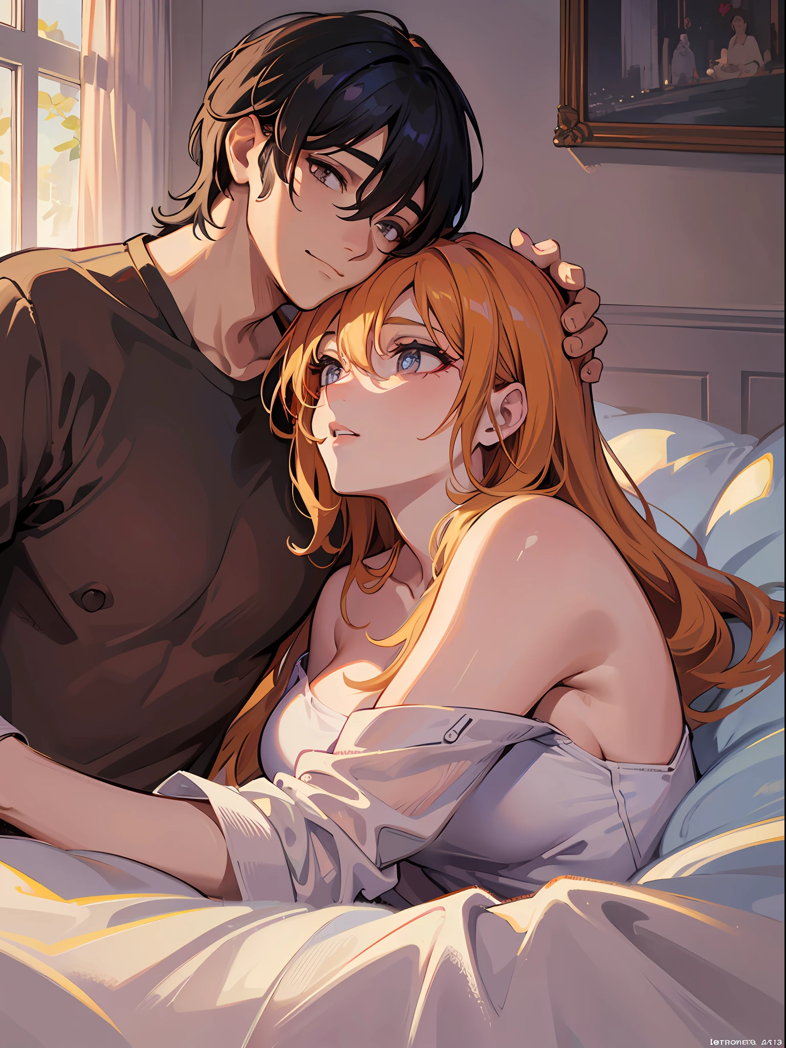 This artwork depicts a man and a woman lying on the same bed. The background of the whole picture is the environment of a bedroom or bedroom, and details such as beds and curtains create a cozy and welcoming atmosphere.
The colors of the picture are dominated by warm colors, creating a feeling of warmth and intimacy. The body language of men and women shows their intimacy and relaxation, while the eyes that look at each other show the emotional connection between them.