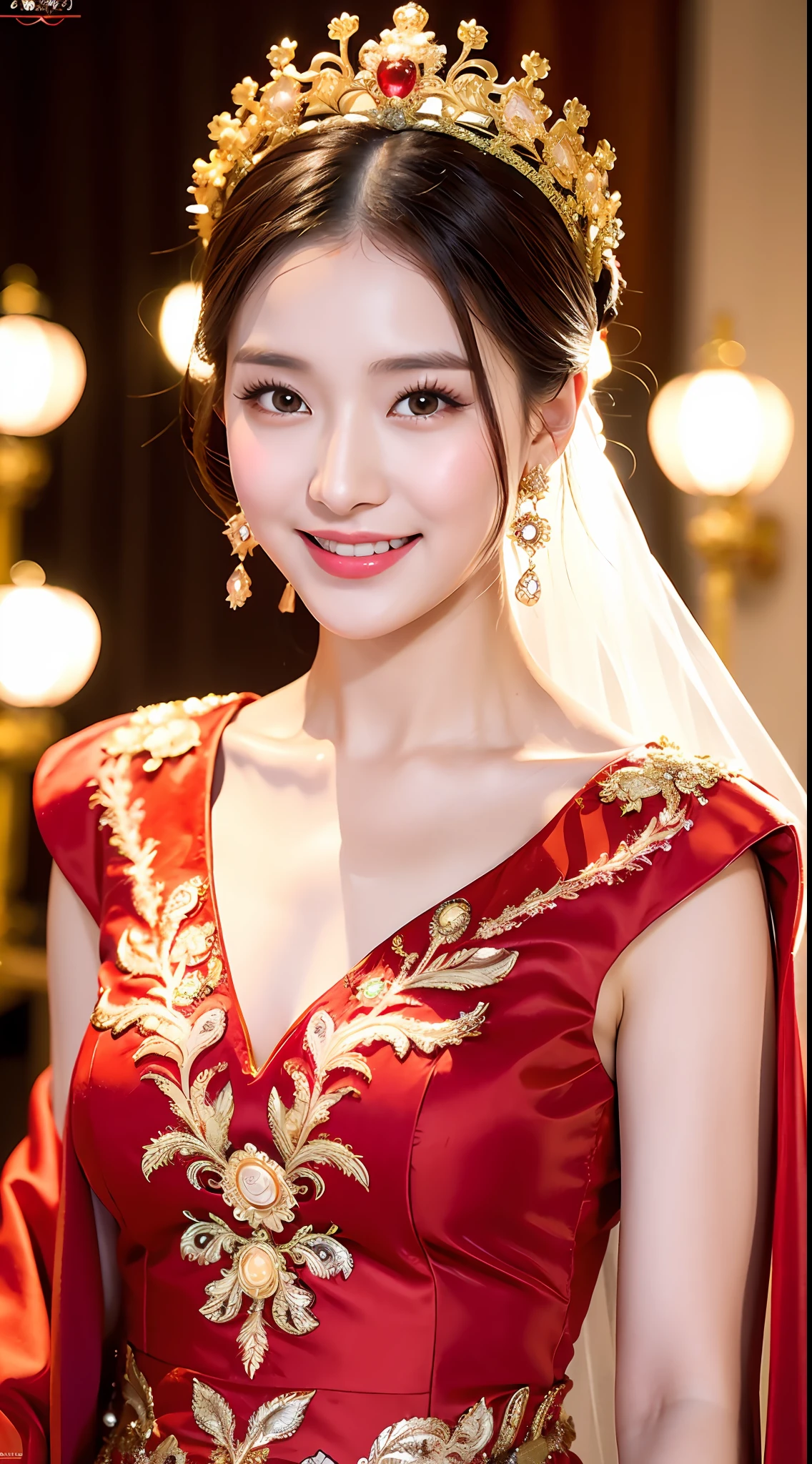 (8k, RAW photo, best quality, masterpiece: 1.2), (realistic, realistic: 1.37), 1 woman with emphasis on slim abs, big breasts: 1.2, woman posing for photo in red dress and headdress, gorgeous cosplay, beautiful costume, Chinese dress, complex dress, complex costume, traditional beauty, gorgeous model, Chinese costume, wearing gorgeous costume, wearing elegant Chinese Xiuhe dress, Chinese wedding dress, phoenix crown xia drape, antique bride, show he, close-up, close-up, Wearing a phoenix crown, smiling, no watermark, dragon and phoenix embroidered dress