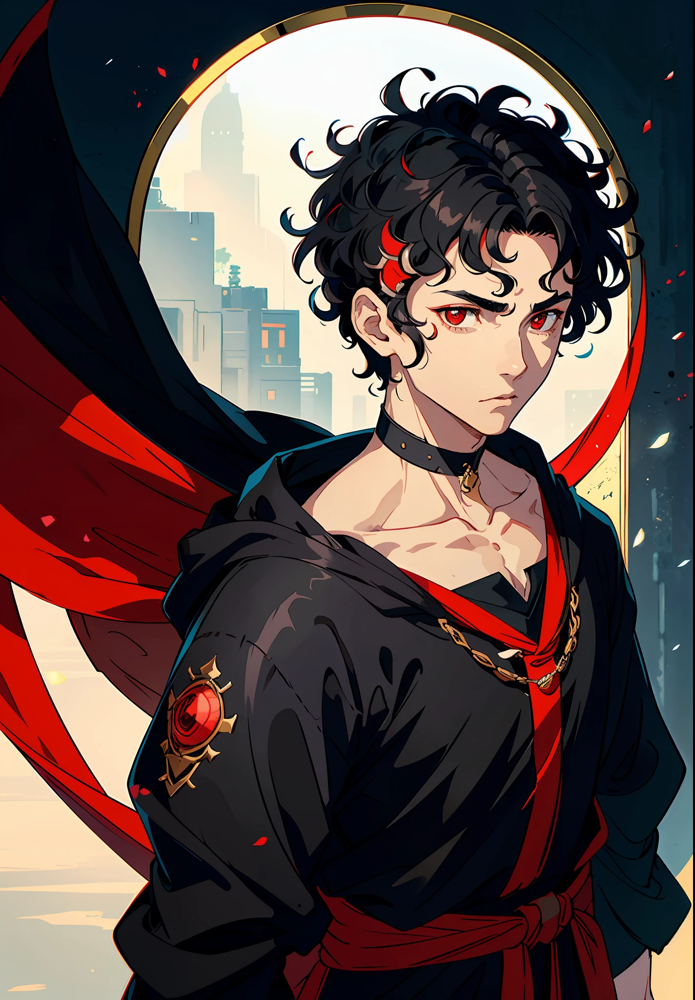 Attention on his head, a young man with short and curly black hair, is adorned with a black cloth. Detail his face, focus on his calm expression and striking red eyes.