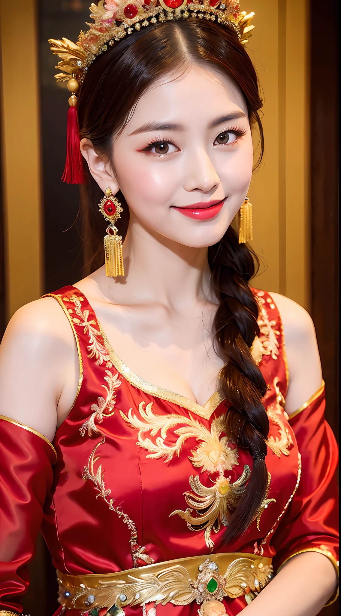 (8k, RAW photo, best quality, masterpiece: 1.2), (realistic, realistic: 1.37), 1 girl, big breasts, woman posing in red dress and headdress, gorgeous cosplay, beautiful costume, Chinese dress, complex dress, complex costume, traditional beauty, gorgeous Chinese model, Chinese costume, wearing gorgeous costume, wearing elegant Chinese Xiuhe dress, Chinese wedding dress, phoenix crown Xia, antique bride, Xiuhe dress, close-up, wearing phoenix crown on head, smile, no watermark , dragon and phoenix embroidered dress