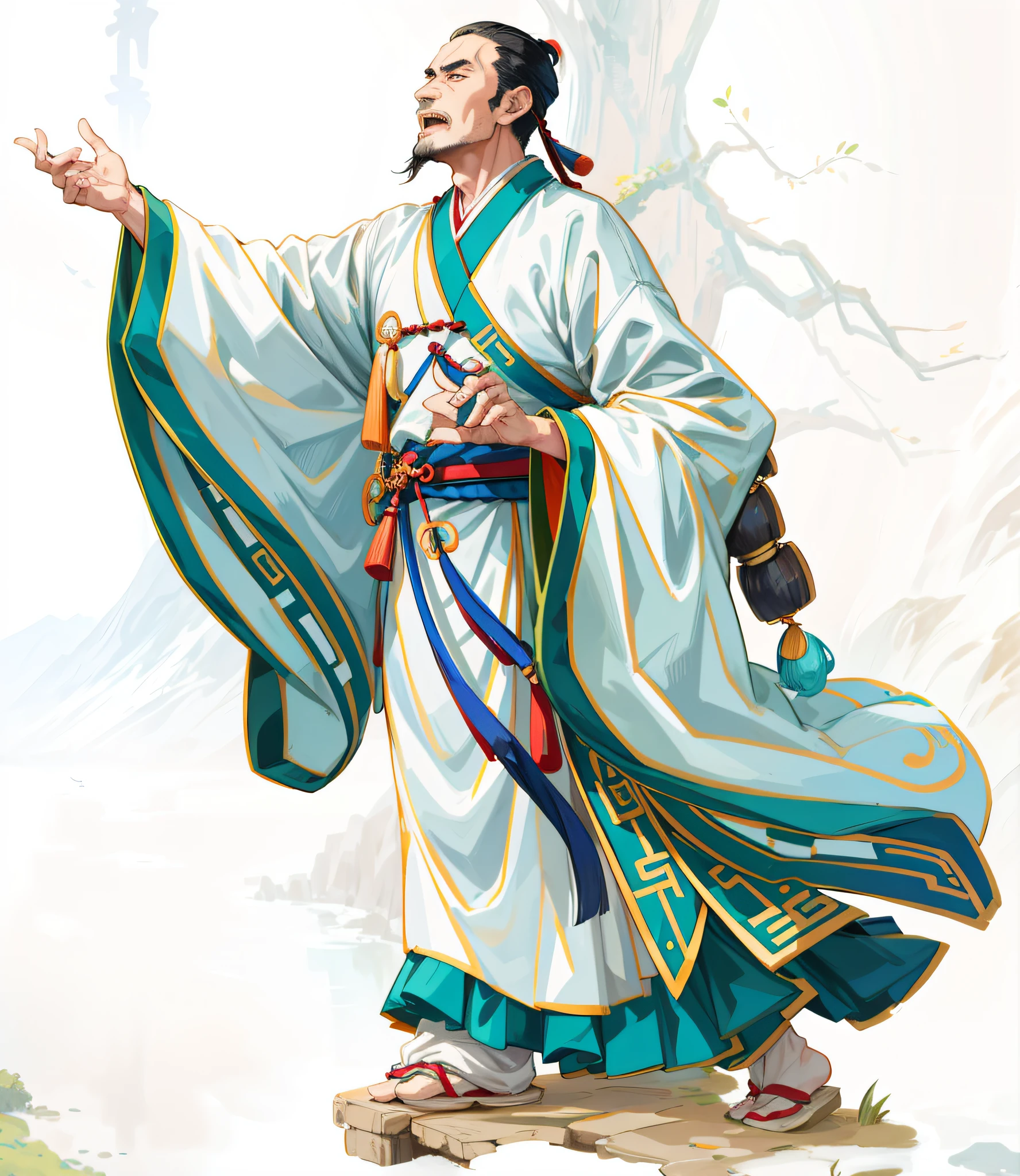 (Best quality: 1.4), anime, solo, an ancient Chinese man, head up wearing Hanfu, chanting poetry movements, singing long sleeves, background is ink landscape, HD, 8K