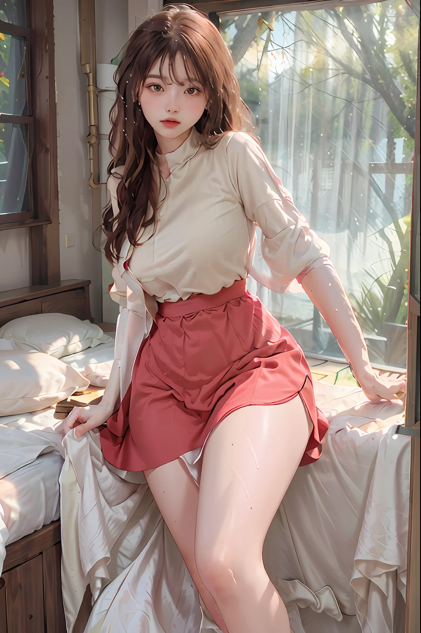 (highest resolution, distinct_image) best quality, woman, masterpiece, highly detailed, semi-realistic, 21 years old, cute, young, beautiful, interior, modern bedroom, window, wake up, morning, blush, thick thighs, wide hips, thin waist, tall, coral, (sweat: 1.2), (wet), sexy, blush, long skirt, wear long dress, light red long dress, light red t-shirt, light red shirt