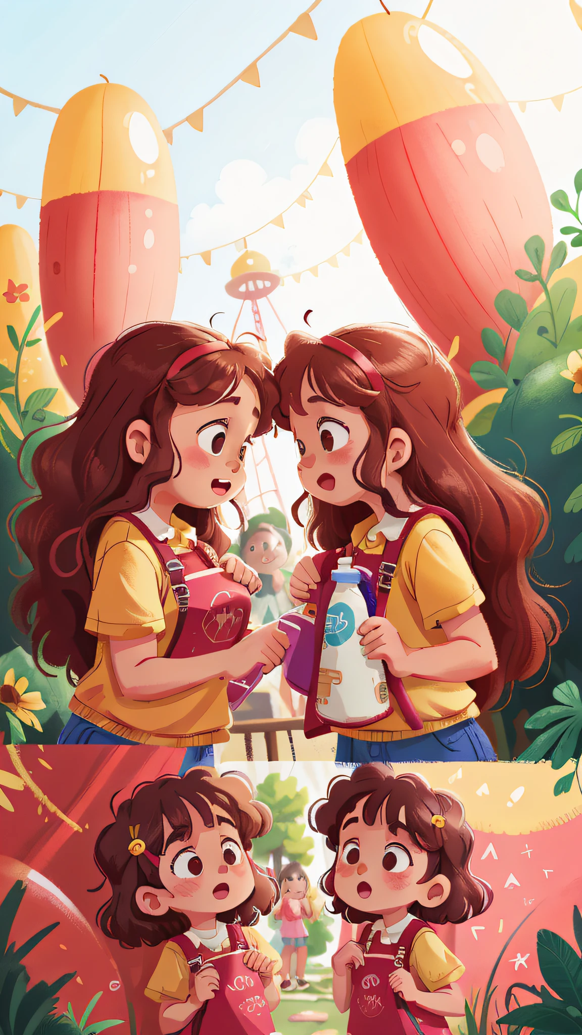 Two girls, twins, curly brown hair, at the amusement park