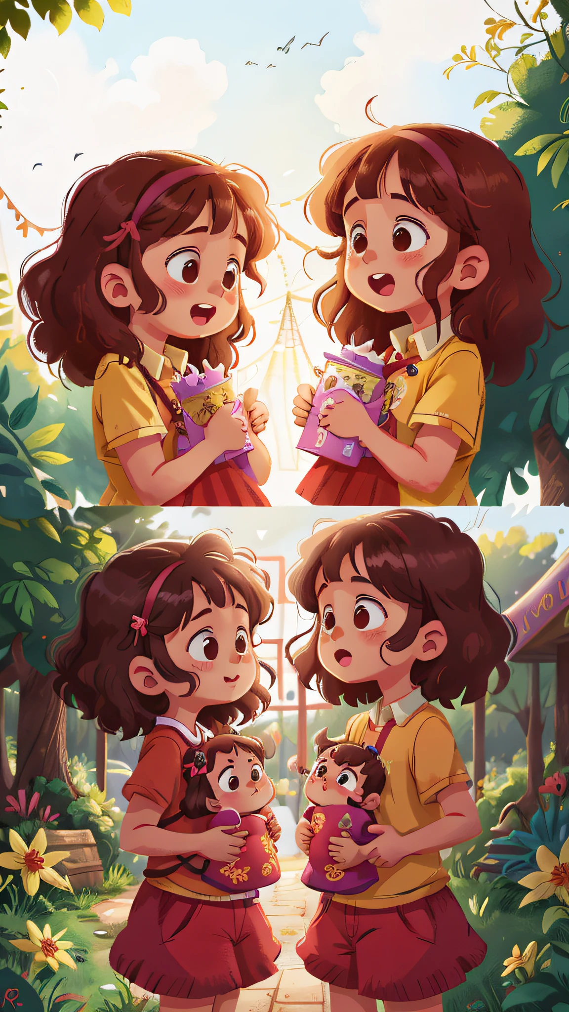 Two girls, twins, curly brown hair, at the amusement park
