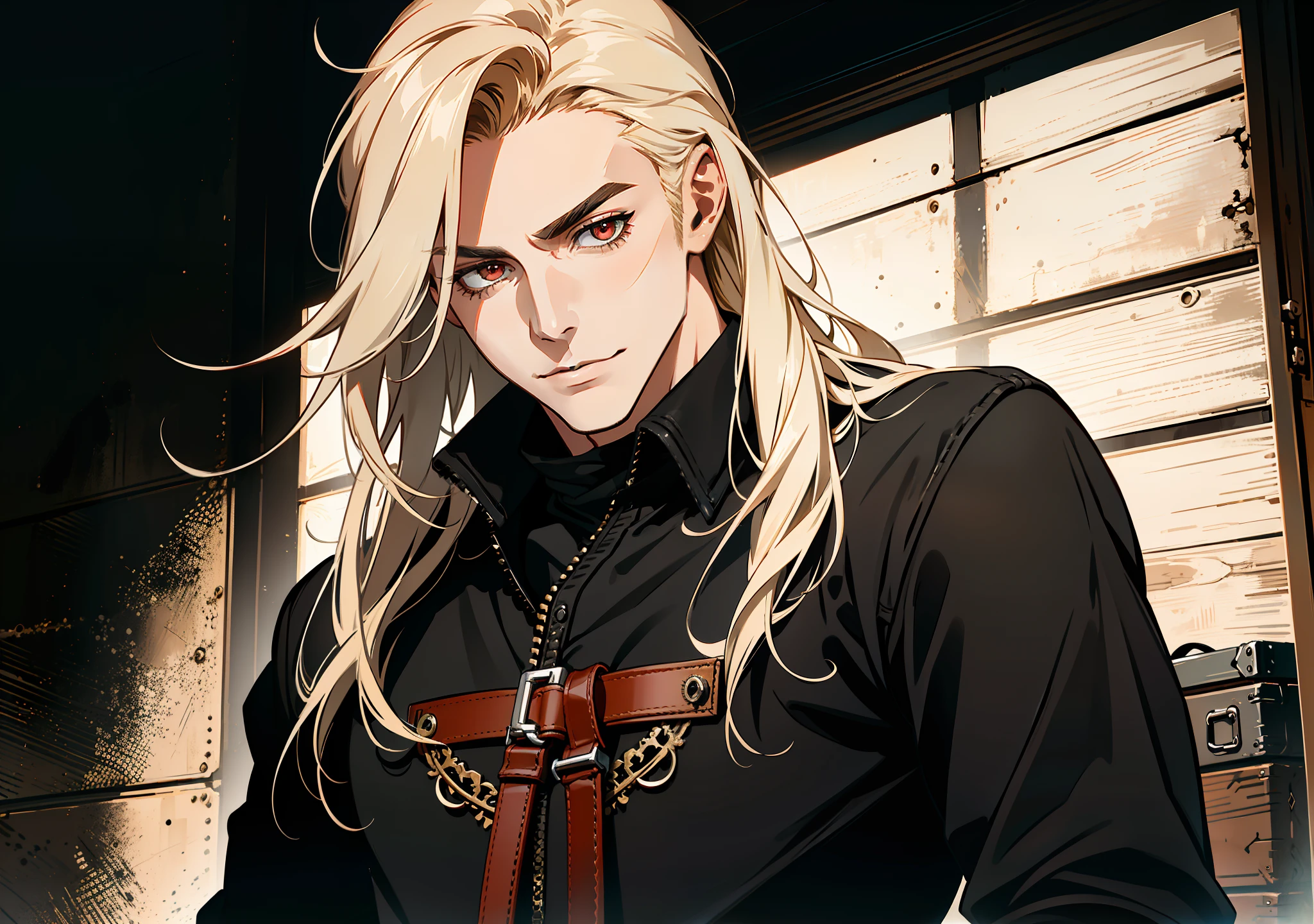 portrait, (absurd res, high res, ultra detailed), 1 male, adult, handsome, tall muscular guy, broad shoulders, blonde long hair, red eyes, finely detailed eyes, looking at viewer, solo, no background, detailed face, smirk, renegade, rugged dark leather clothes, small leather pouch, high fantasy medieval setting, smuggler hideout background, stealth, undercover, (crates in background), shadows, fog, (dutch angle), closed mouth, ((portrait))