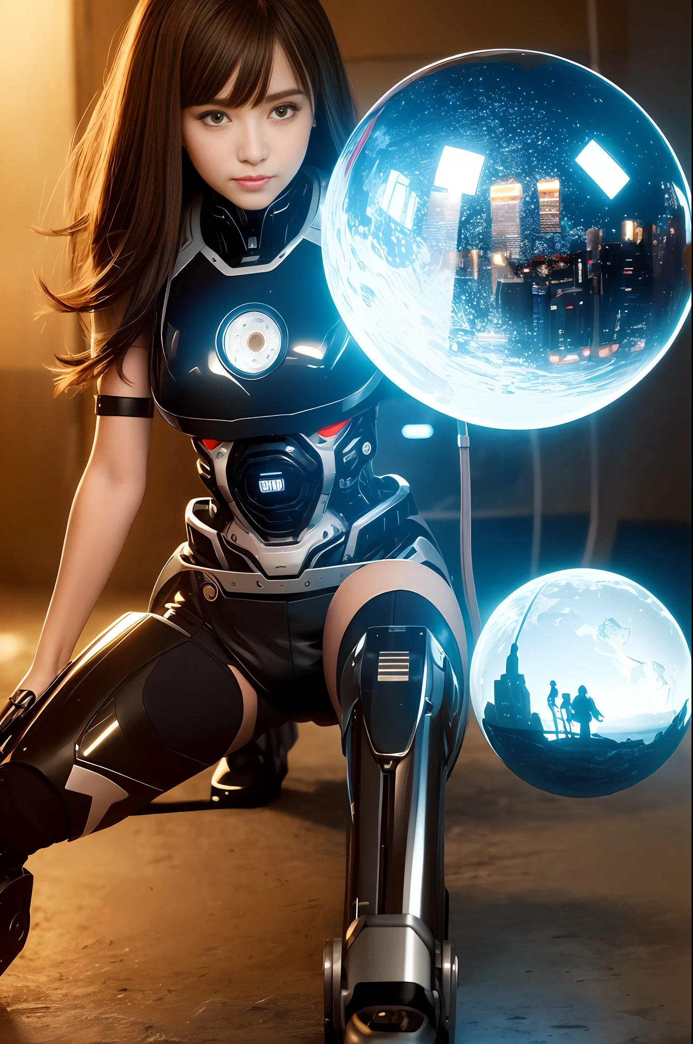 (8K, Best Quality, Masterpiece: 1.2), (Realistic, Photorealistic: 1.37), Super Detail, (1 Robot Girl), All Mecha from the neck down, Android, Cute, Solo, (Nose Red), (Smile: 1.15), Beautiful Eyes, Big Eyes, (Long Hair: 1.2), Floating Hair Novafrog style, brown hair, mechanical body, cable, gear mirror sphere, cyberpunk, kneeling, countless soap bubbles, desert, evening, mirror